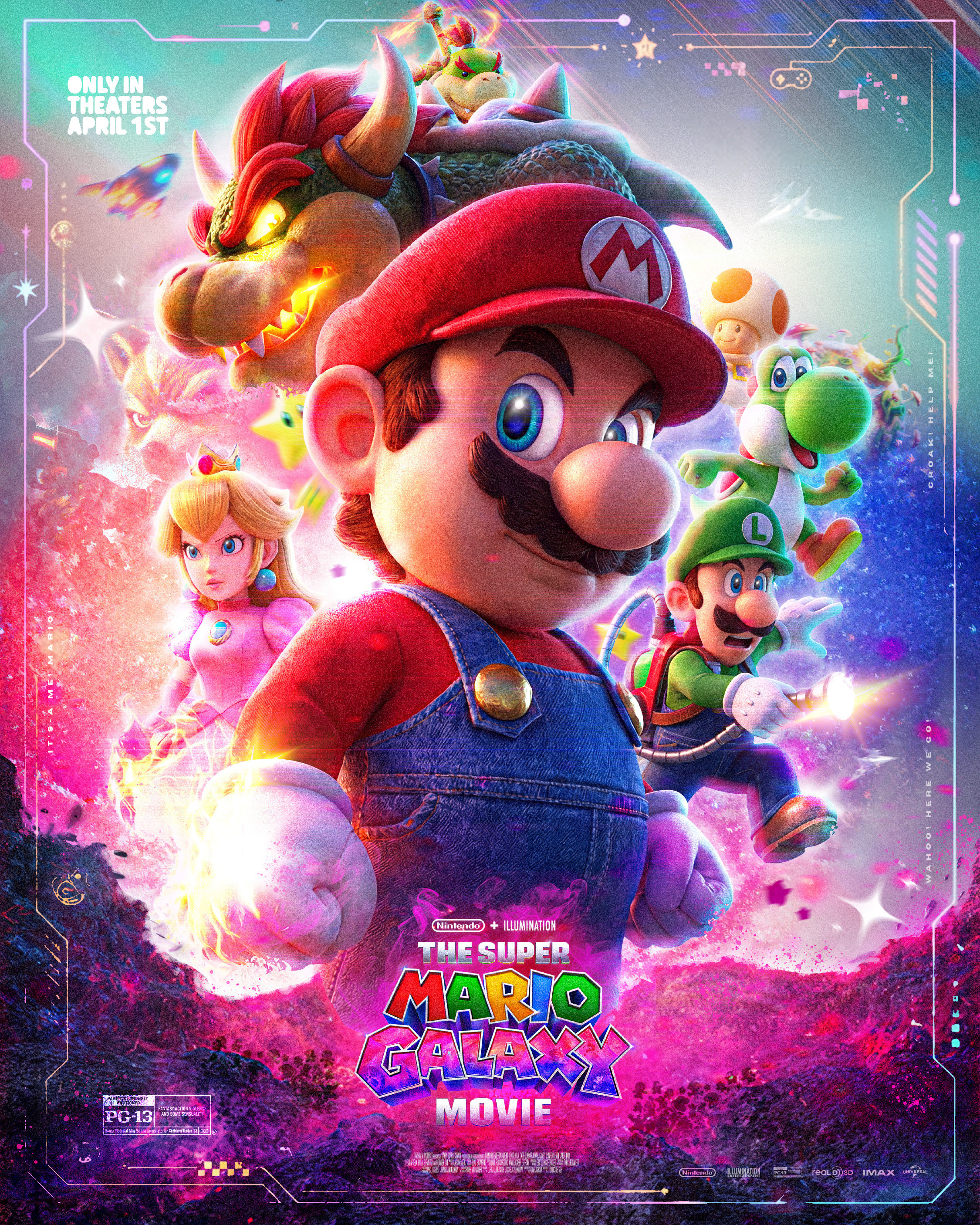 Fan art key art for The Super Mario Galaxy Movie. Mario, Bowser, Peach, Luigi, Yoshi, Toad. Galactic atmosphere, circuit border frame, hidden Easter eggs throughout