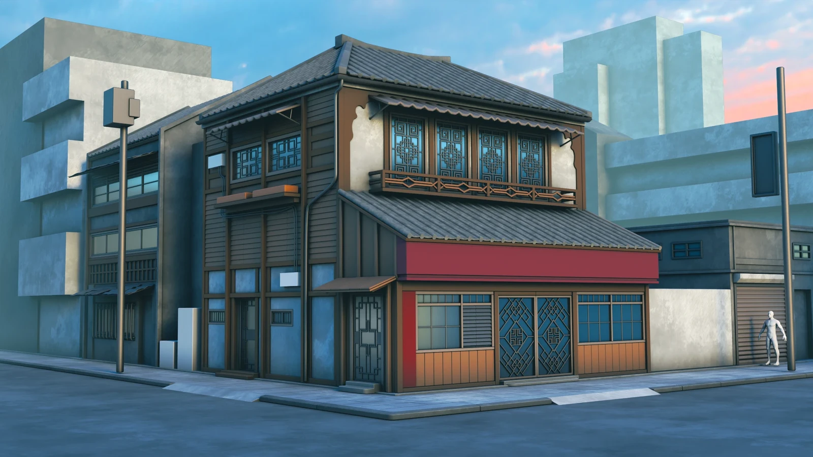 Later Blender progress view showing the transition from structural work into look development, with more defined surfaces and early color or material decisions. 
