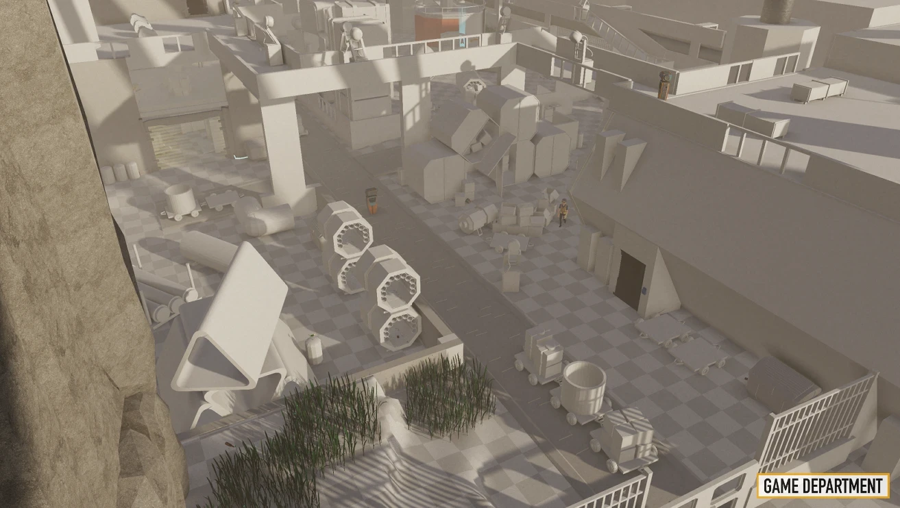 Graybox screen shot which was based on my initial sketch on which I over-painted the scene.