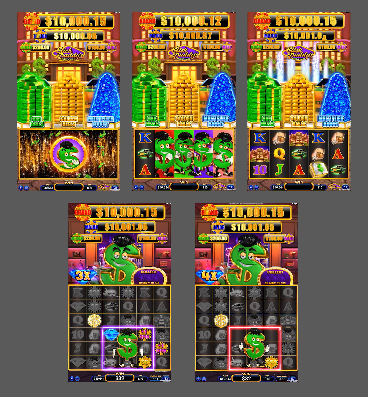 Slick Daddy's Money Talks game screens. 
Top row is the Pretell, Expanding Wilds and Base Game. 
The bottom row are Bonus Game screens.