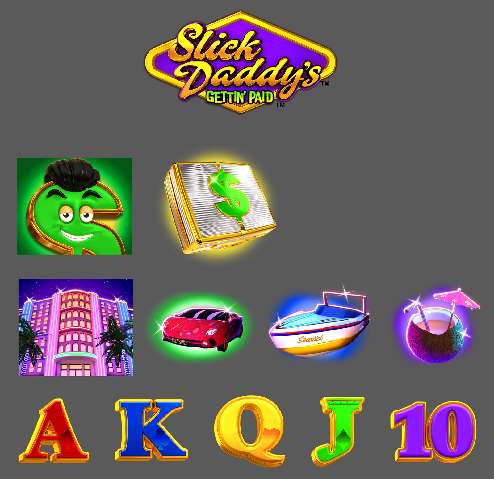 Slick Daddy's Gettin' Paid Logo and Symbols. 
This is a Miami nightlife themed game.