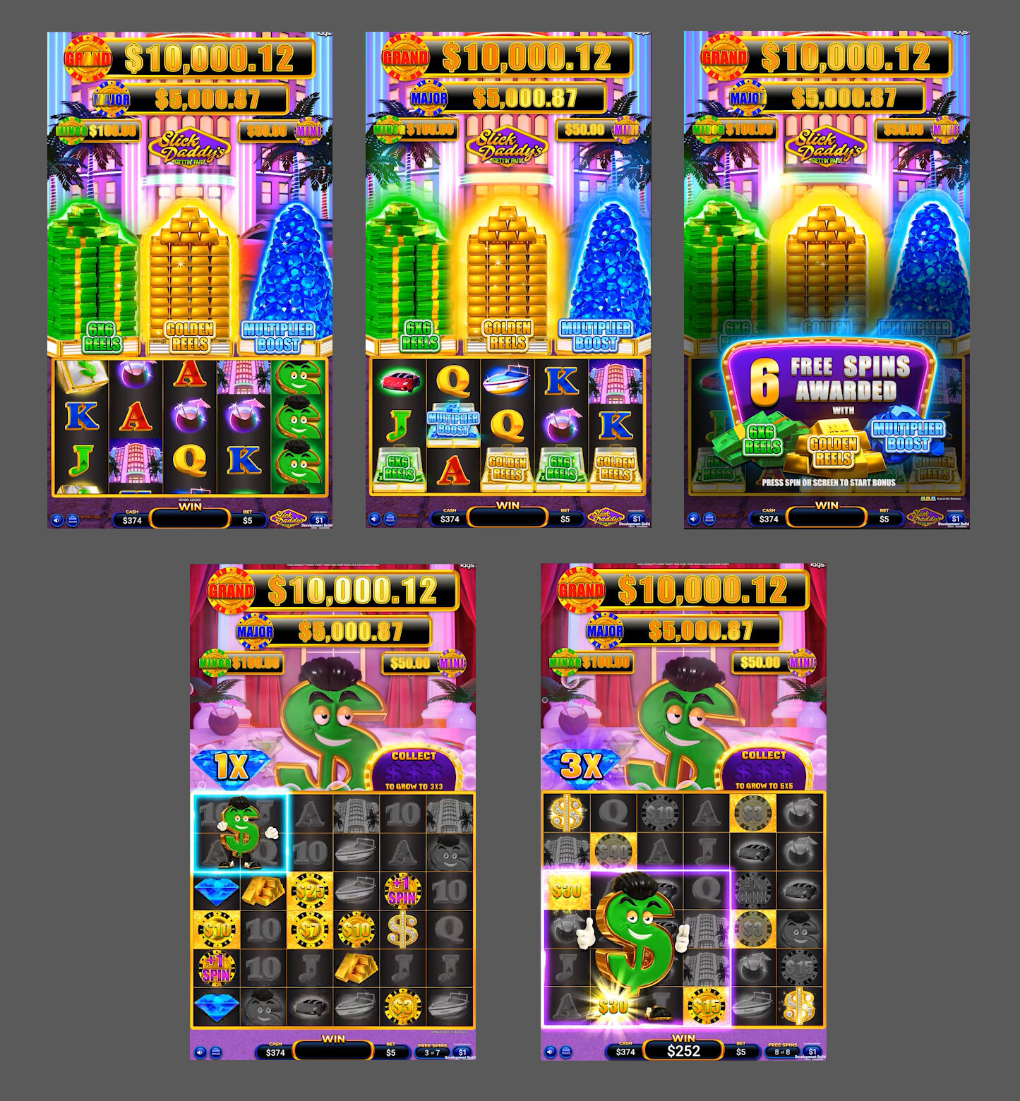 Slick Daddy's Gettin' Paid game screens. 
Top row is the Base Game, Bonus Game Triggered and Bonus Game Awarded screens. 
The bottom row are Bonus Game screens.

© 2026 AGS LLC. All Rights Reserved