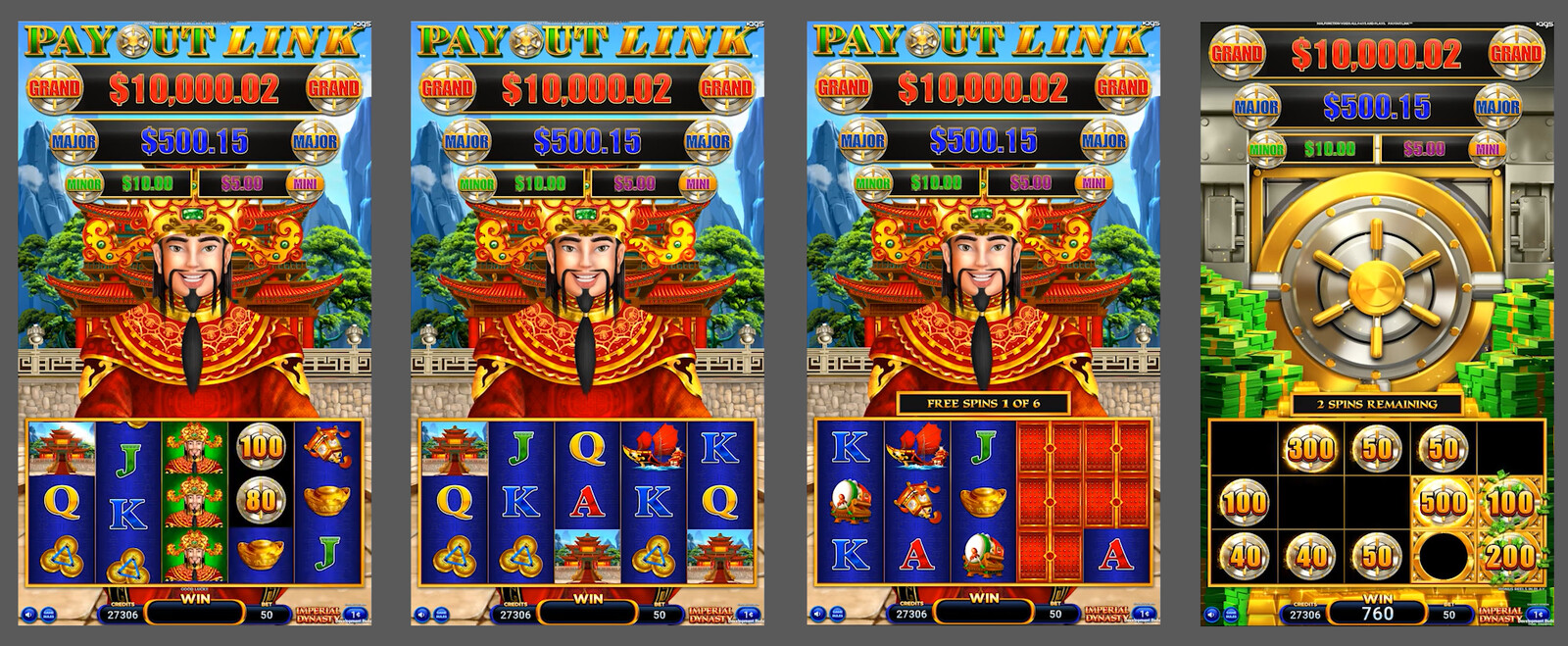 Imperial Dynasty Base Game, Free Spins, and Hold &amp; Spin Game Screens