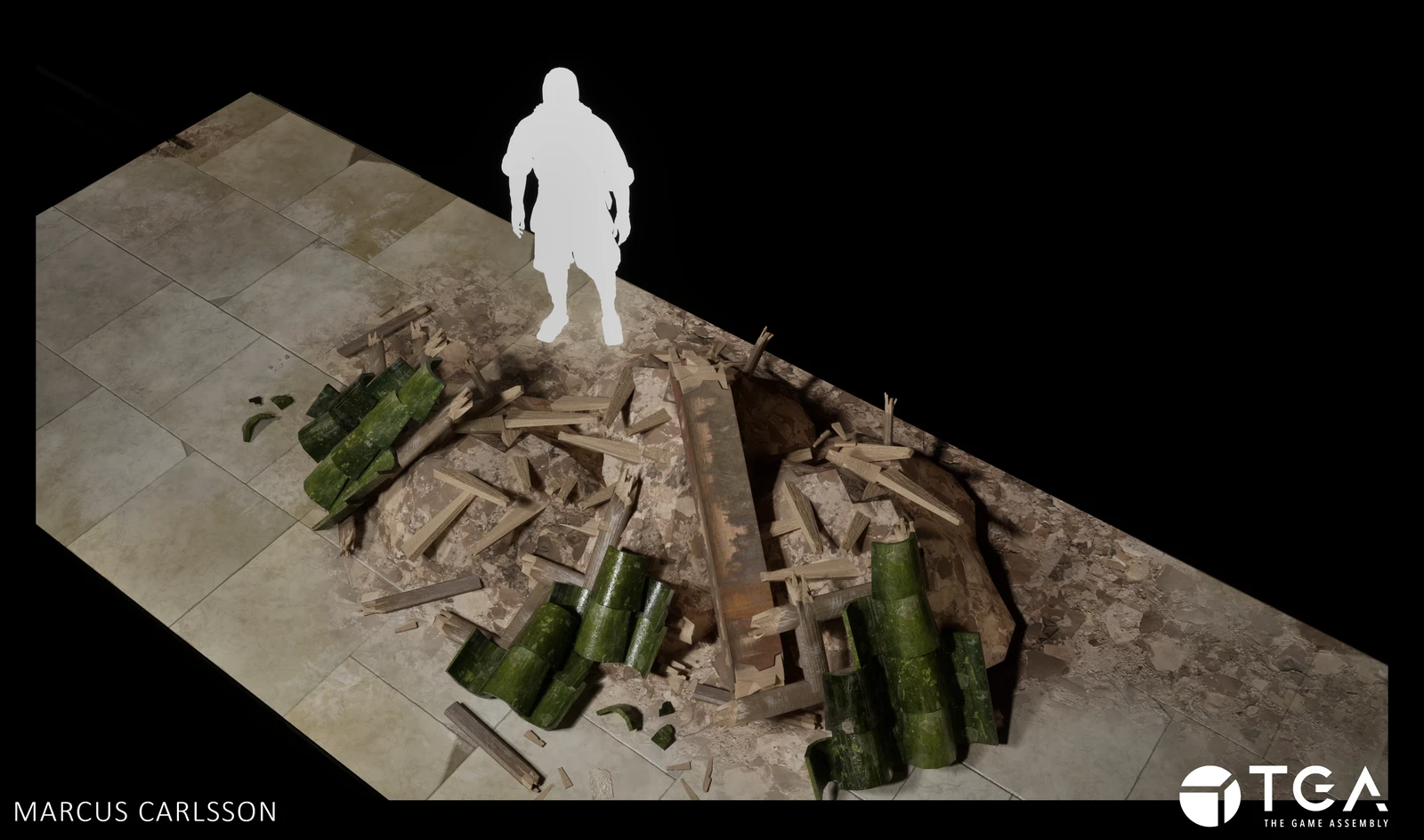 Debris pile assembled from parts of Destruction kit.