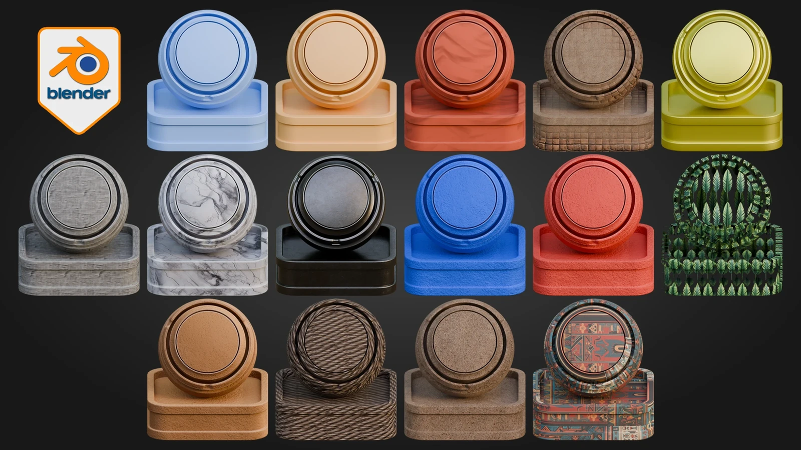 Blender material contact sheet previewing stylized plaster, marble, woven fibres, painted surfaces, foliage-card shading, and ornamental Arabian patterns from the pack. 
