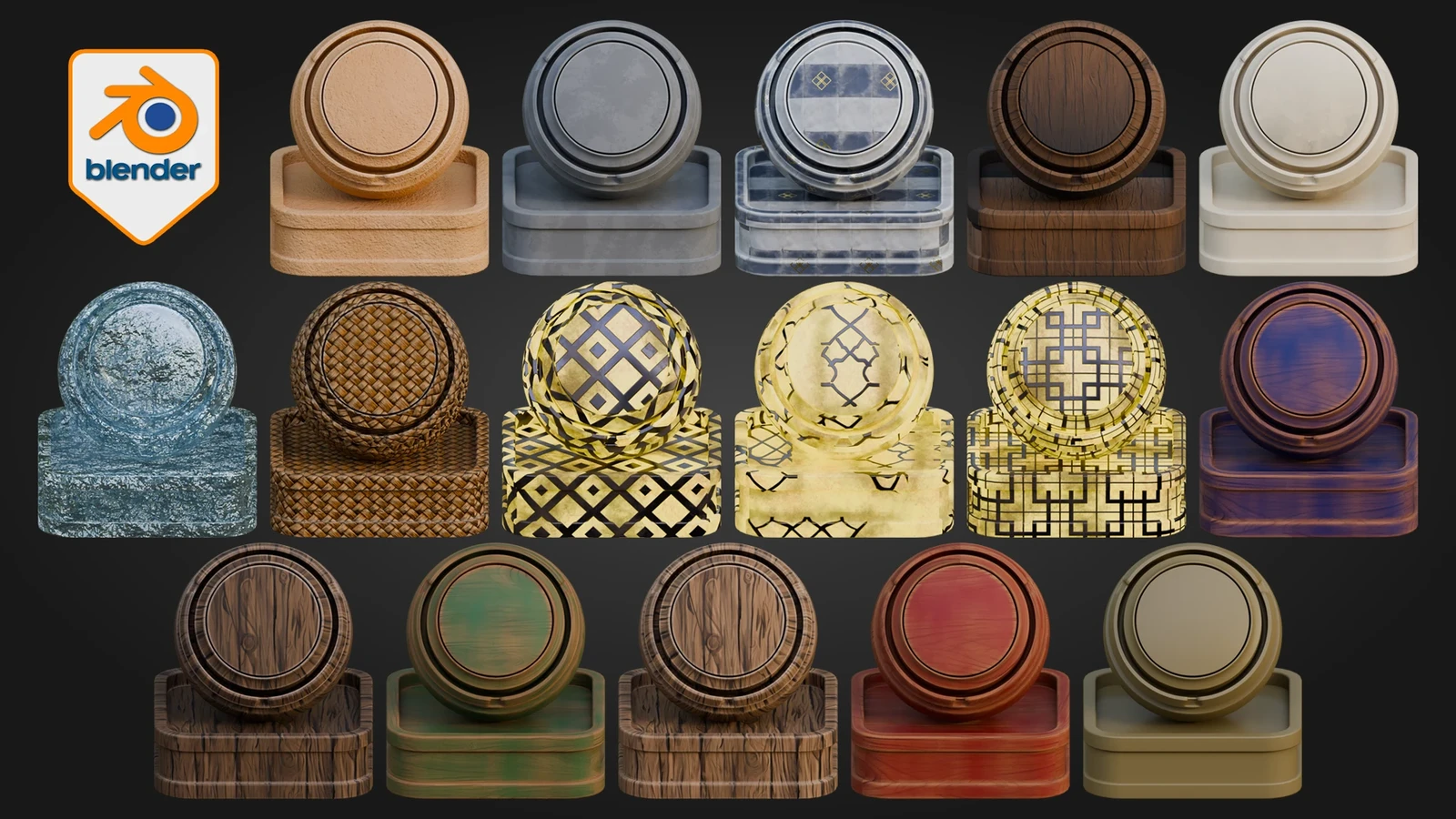 Second Blender material contact sheet showing wood variants, tiled ceramic surfaces, translucent blue specialty shading, woven fibres, and cream-and-gold ornamental finishes. 