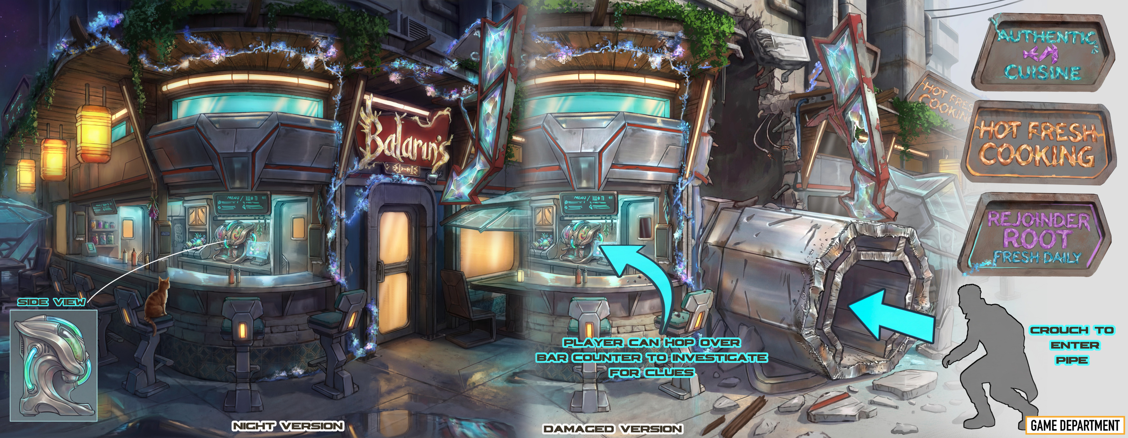 Night version mood exploration and destroyed version with player gameplay options.