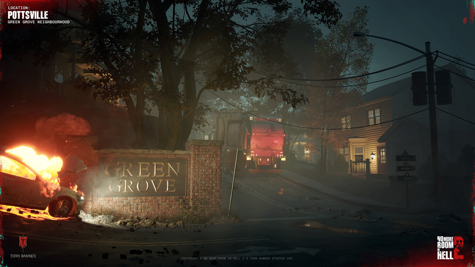 Distinct neighborhood identities carried through to signage, foliage type, and retaining wall treatment.