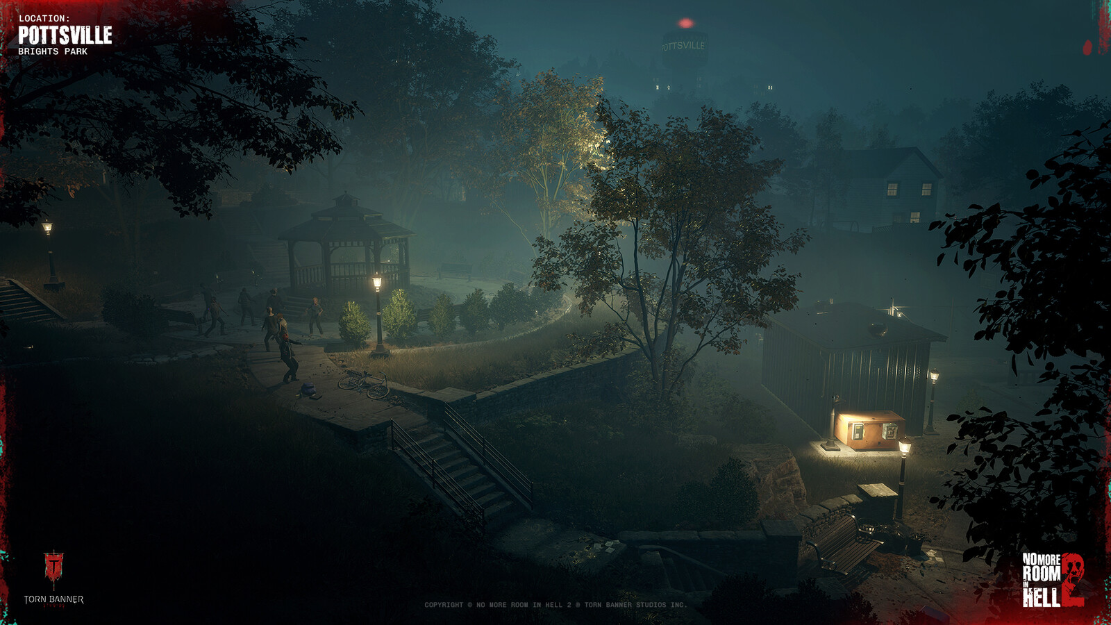 Central park space designed as a navigational anchor, with radial paths guiding player movement into surrounding residential streets.