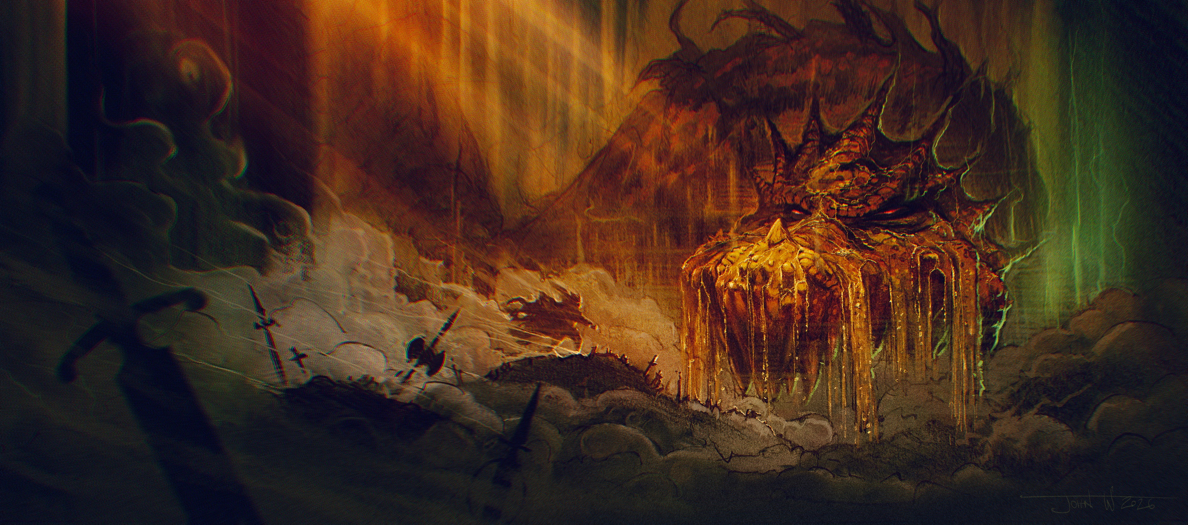 This shows the moment Bilbo wakes  Smaug from his slumber. As he rises gold pours off of him and steam rises around the feet of Bilbo.

Painted in Procreate from an original pencil sketch. 