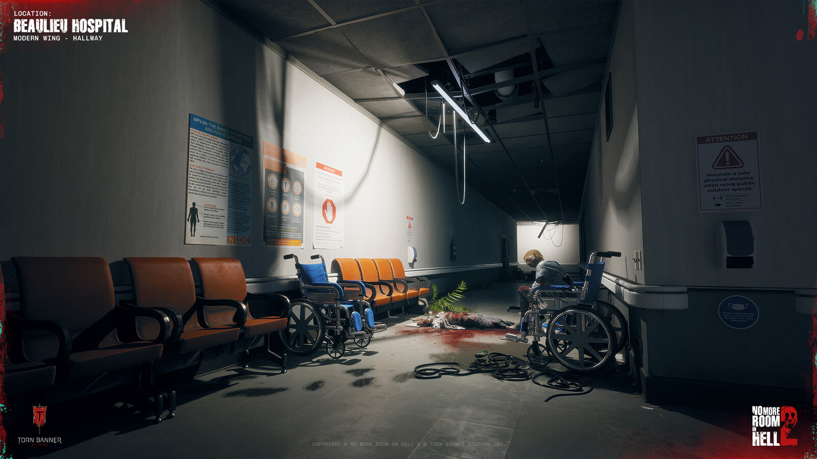 Hospital corridor set dressing and lighting pass. Built using a modular hallway kit I developed for the modern wing.