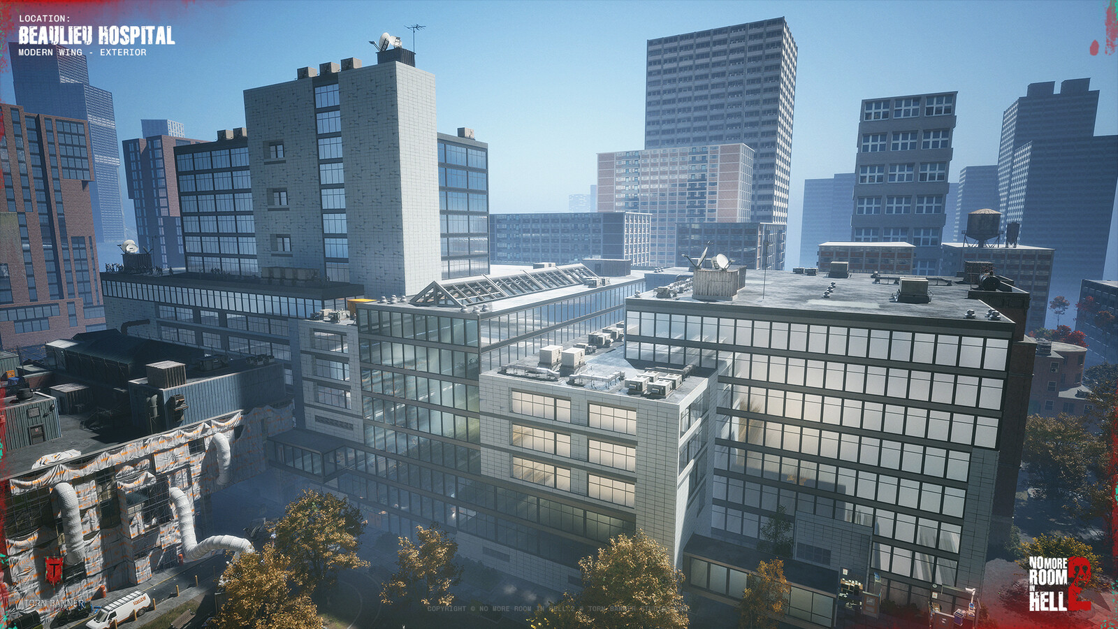 Exterior of the modern hospital wing. Built using a modular building kit I developed, and assembled across the structure.