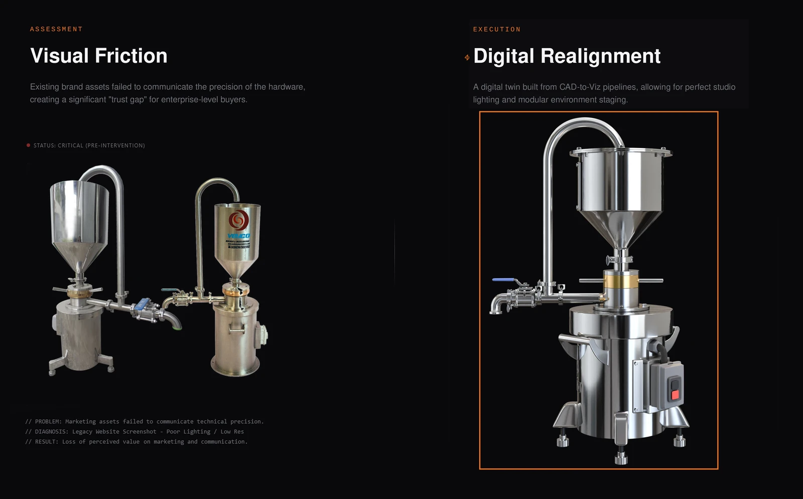 Their old photography-based marketing assets looked amateur at best. Clearly doesn't communicate precision engineering but improvised workshop level. Customers needed to SEE the technical sophistication.