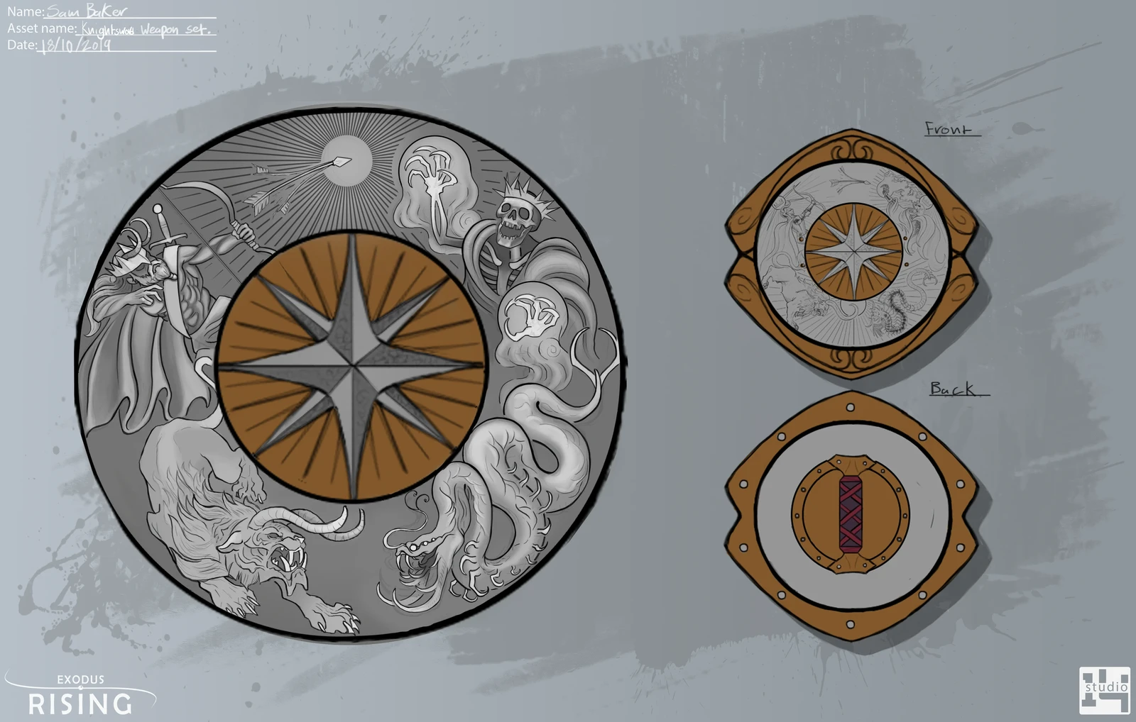 The buckler has a lot more space for engraving than the other weapons. It tells the story of the first Aerishian clan overthrowing the tyranny of the first warlock.
