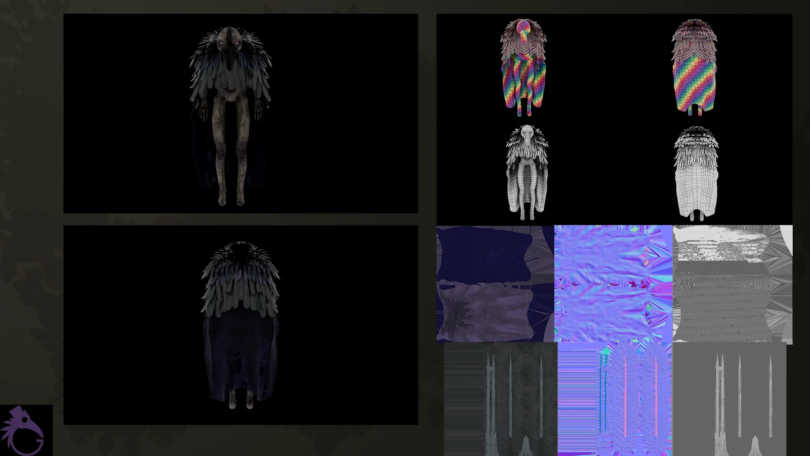 Plague doctor render, with UVs and wireframe, as well as cloak and feather base, normal and roughness
