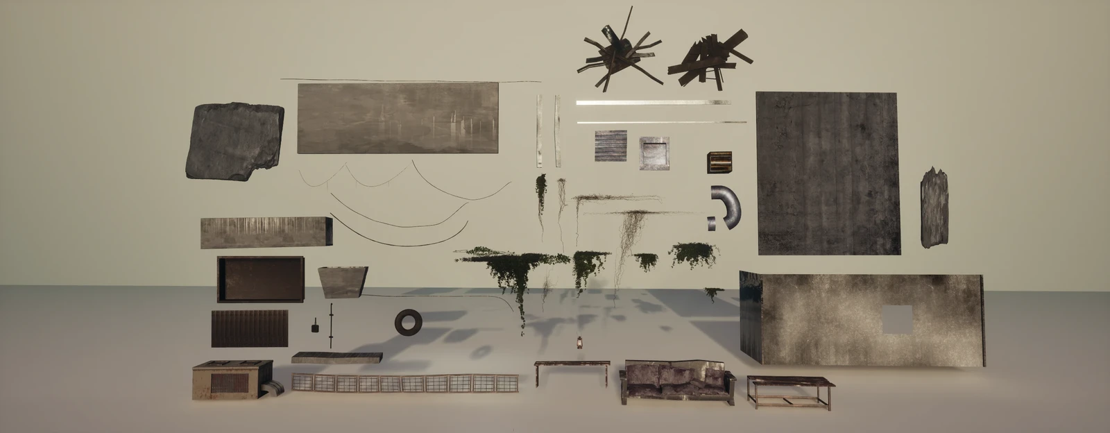 These are the assets used to create the scene. I modeled most everything with the exception of the clutter of metal and wood, the vents and some of the vine clusters. 