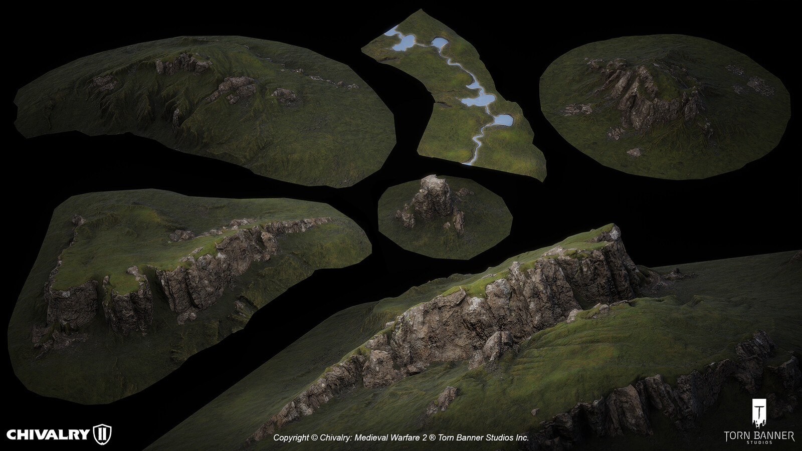 Background vista terrain and custom cliff meshes, sculpted and textured, defining large-scale silhouette and distant readability across the Highlands.