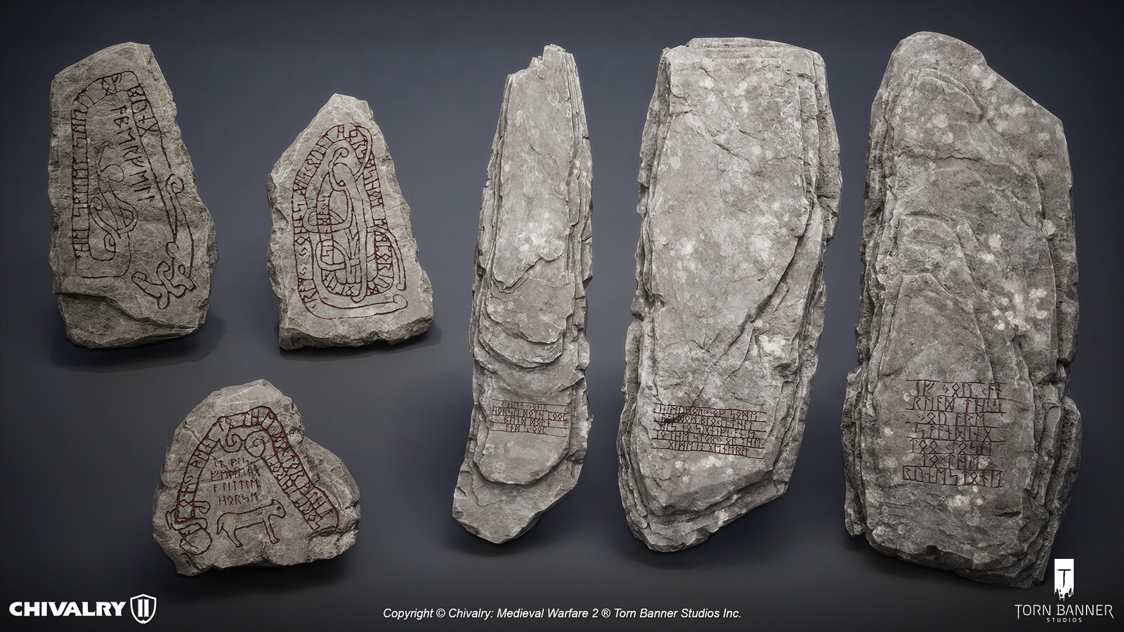 Sculpted objective stones and custom rune designs created for key gameplay landmarks within the Highlands.