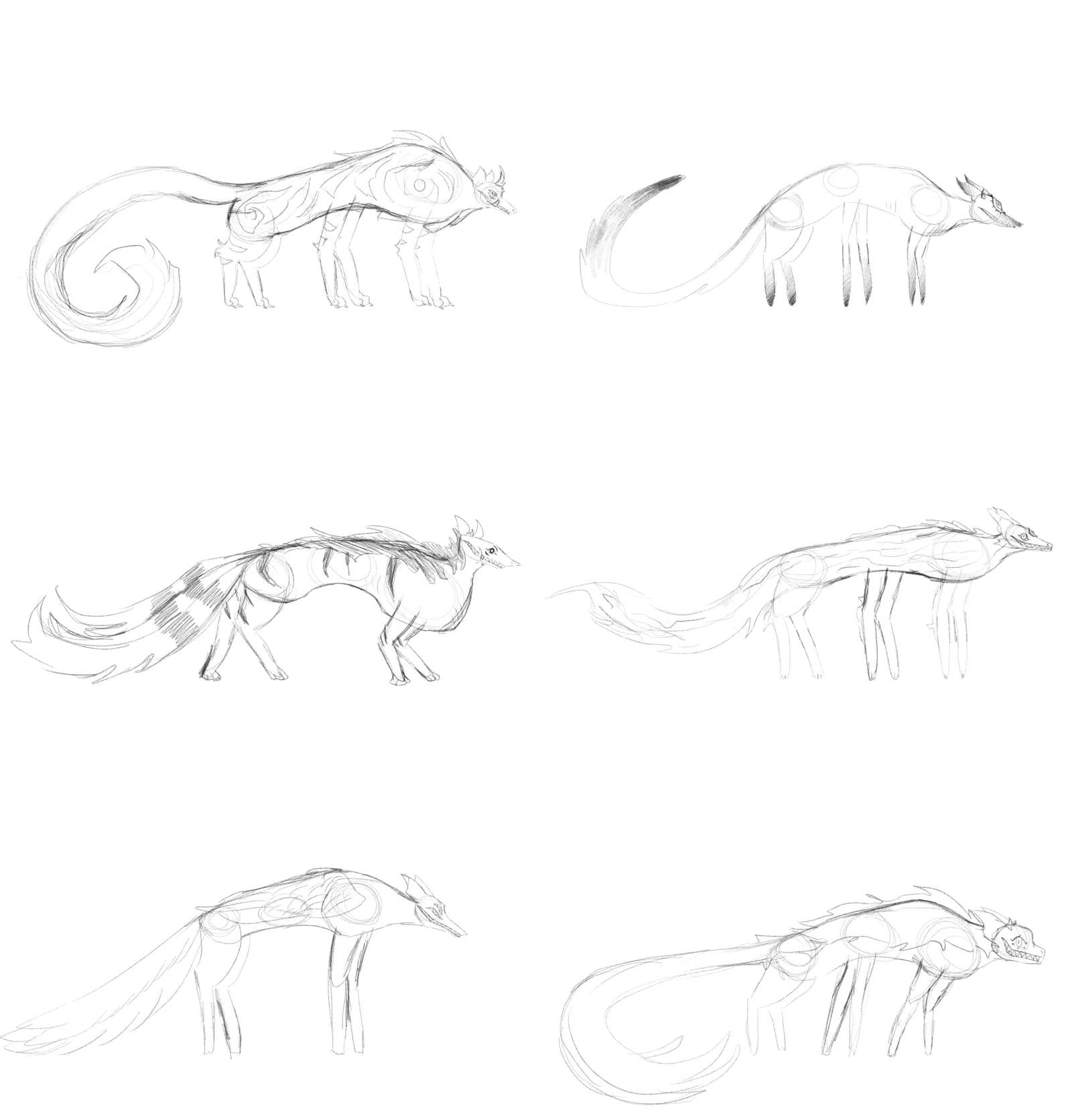 First run of concept sketches, based off my favourite silhouettes, starting to consider fur patterns as well