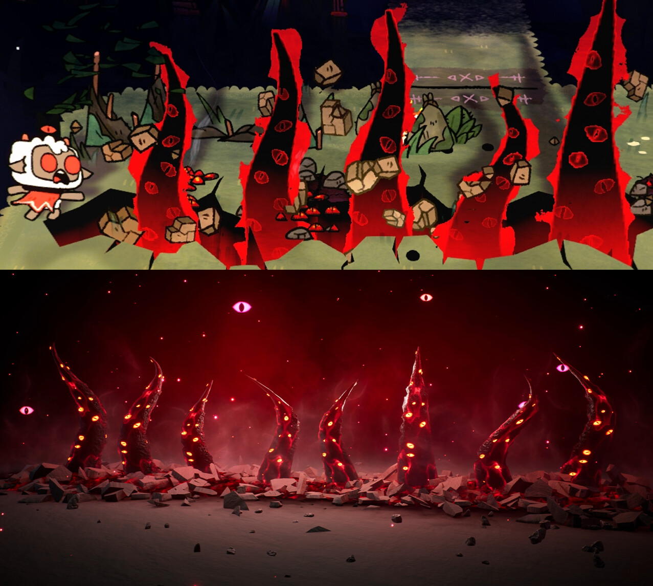 Cult of the Lamb - silhouette and tentacle layout reference.