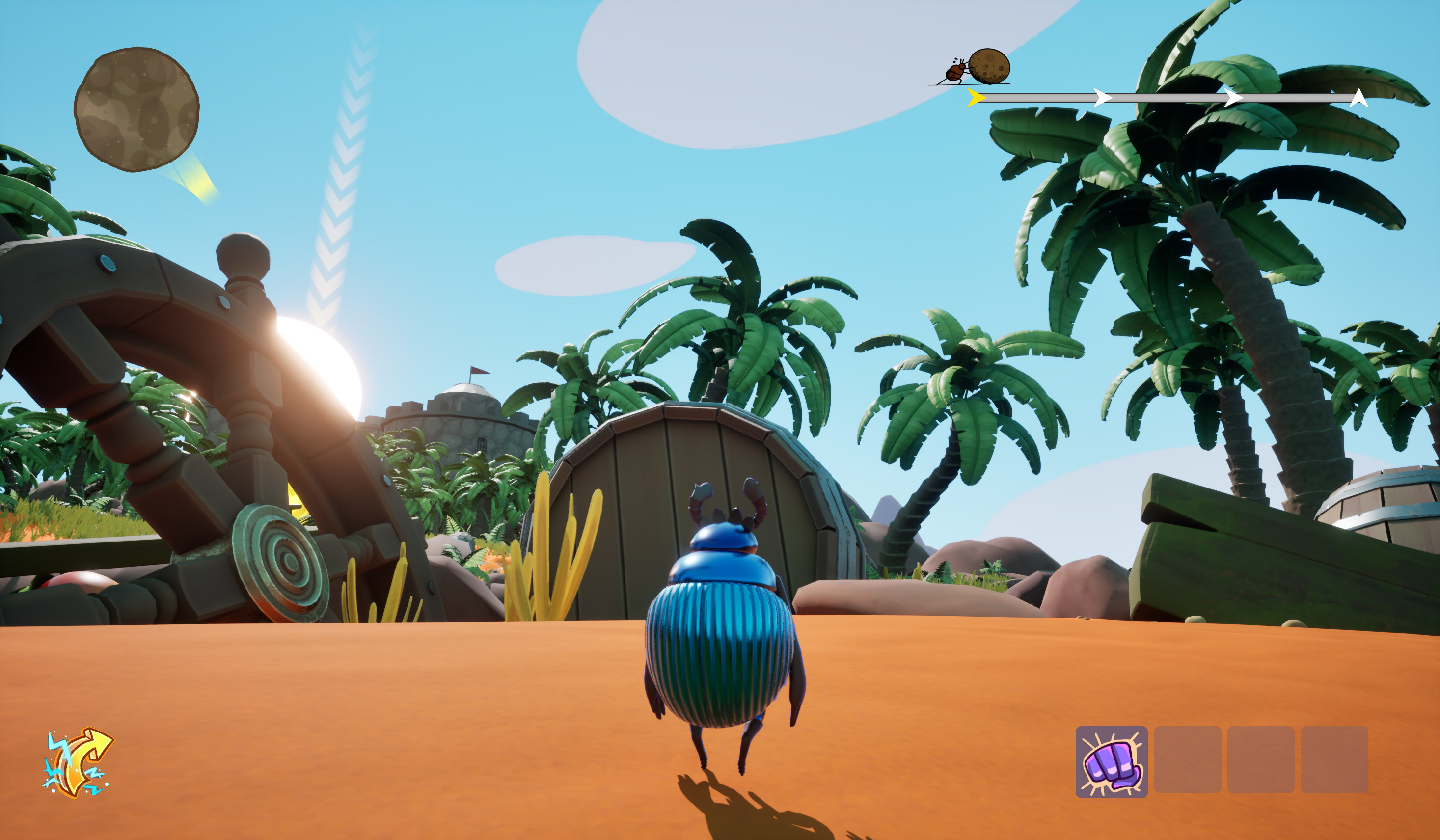In-game screenshot of tropical pirate-themed area