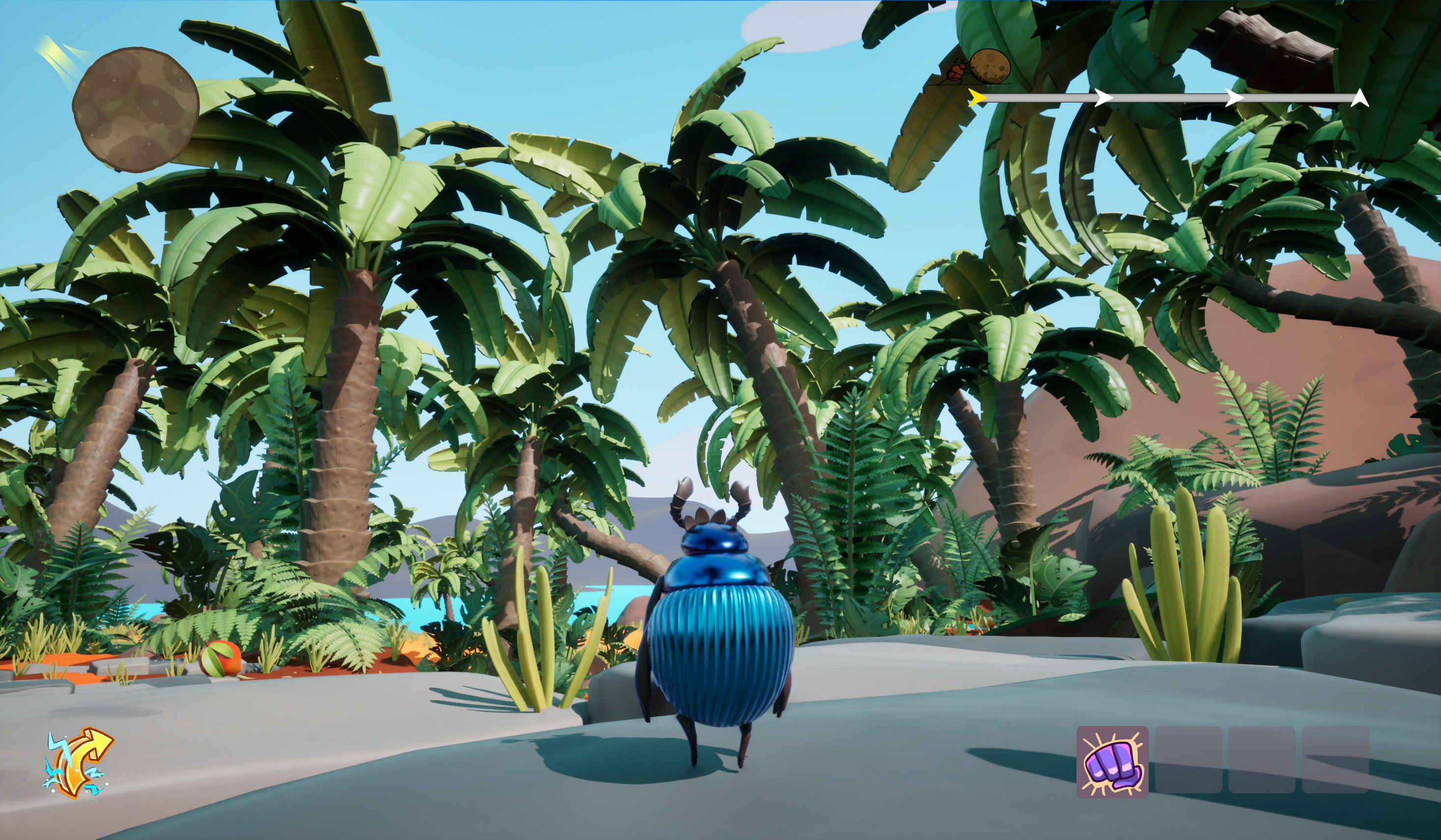In-game screenshot of tropical pirate-themed area