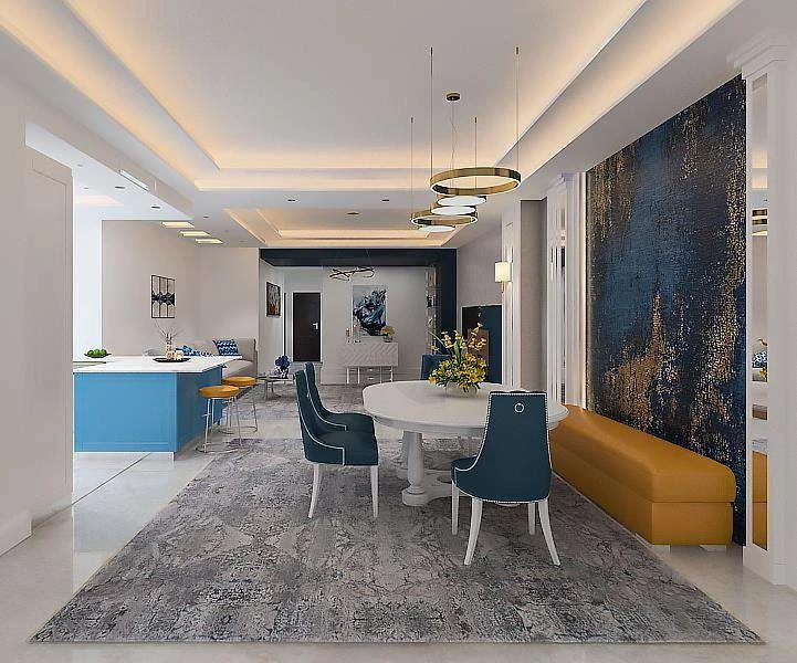 Apartment dining area with adjoining kitchen space