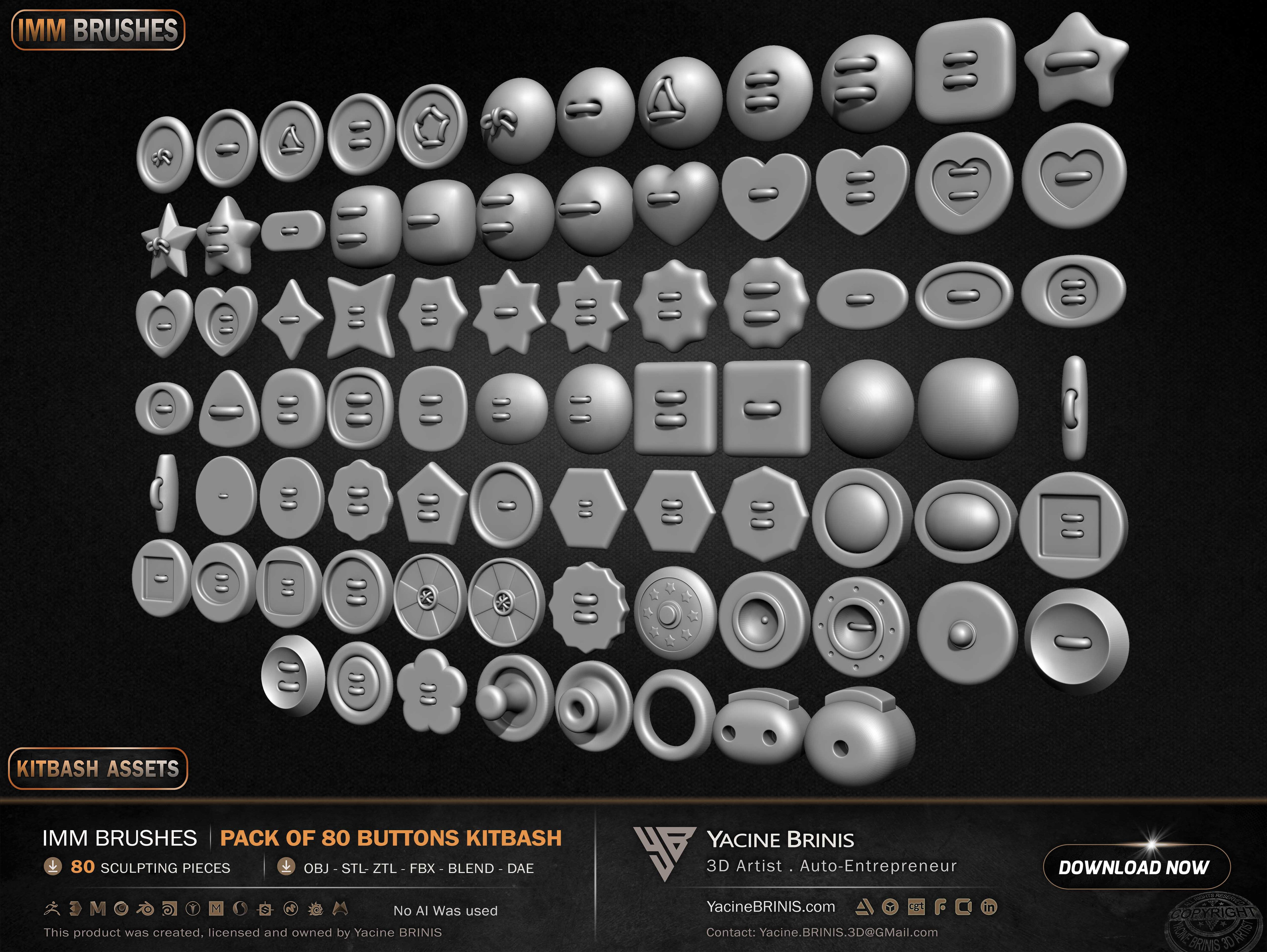 Pack of 80 Buttons IMM Brushes Kitbash Volume 01 Set 009
