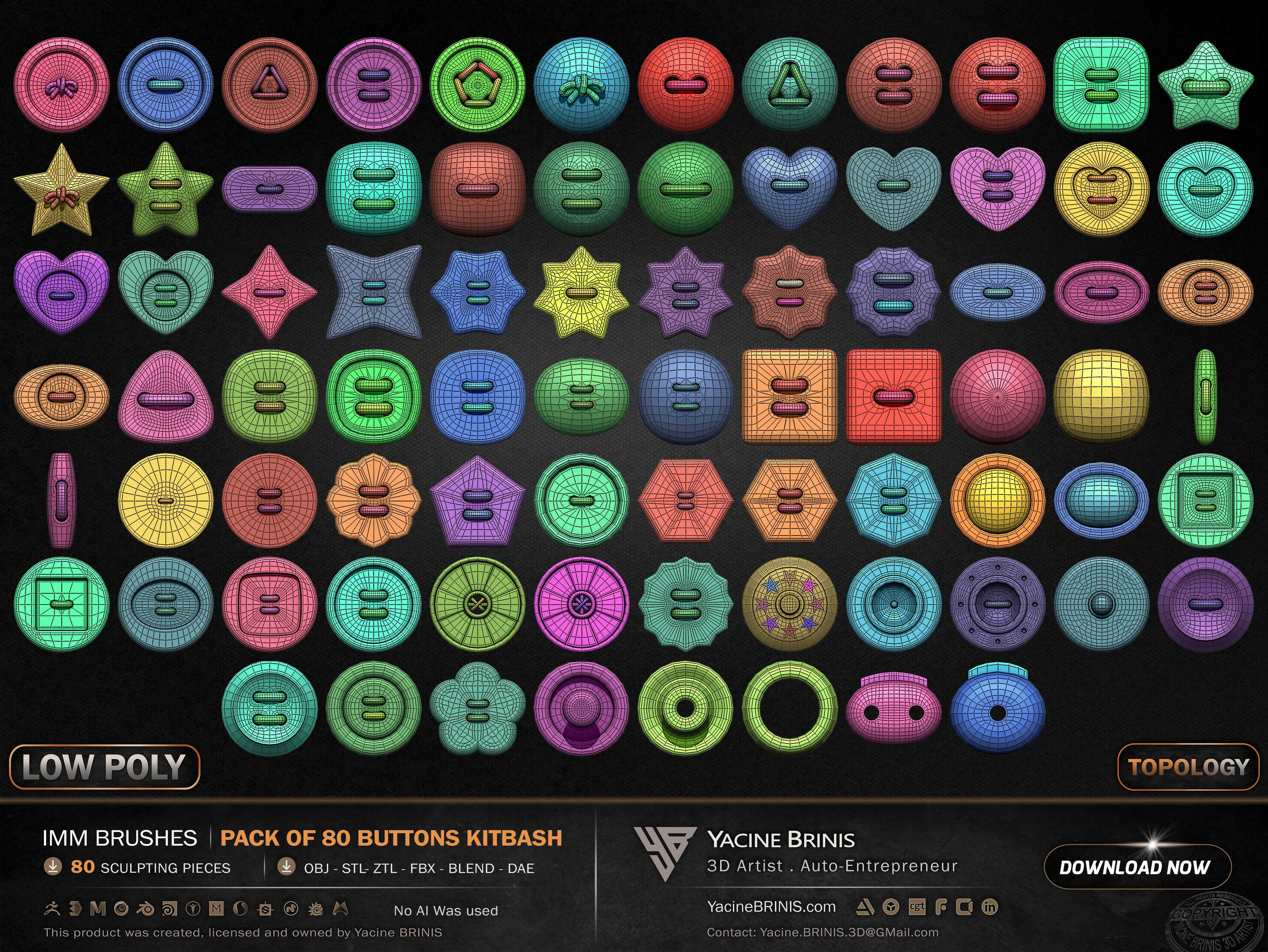 Pack of 80 Buttons IMM Brushes Kitbash Topology