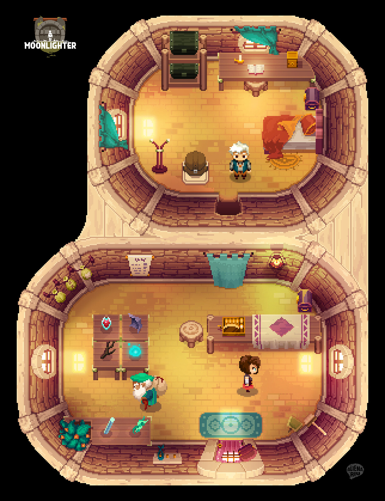 This is the first version of Will's home I did for Moonlighter videogame at Digital Sun Games. It was used for the succesfull Square Enix Collective campaign, Kickstarter campaign and publisher research.