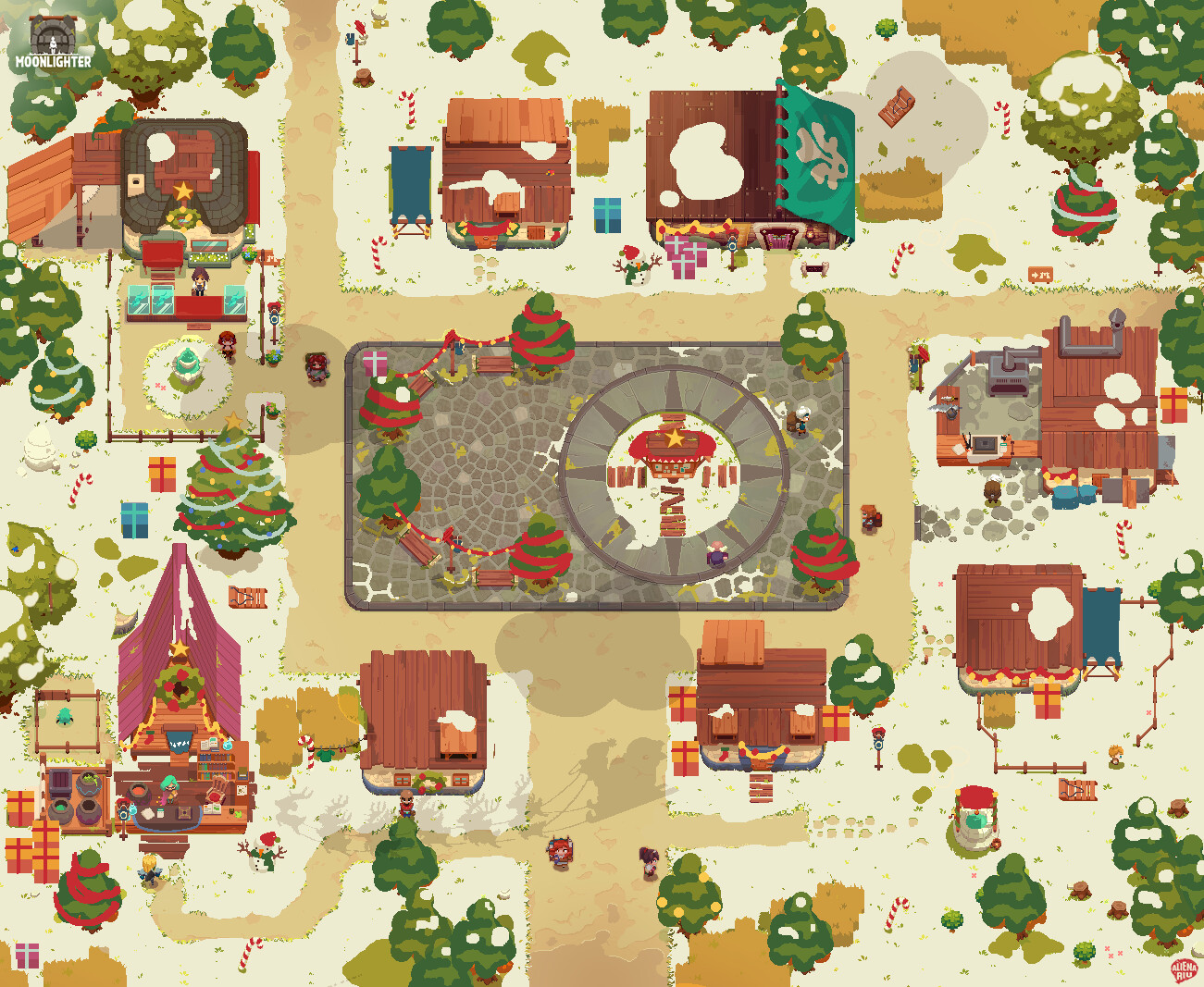 I prepared Moonlighter village and dungeons entrance for Christmas. I painted the concept over the standard town to plan the sprites I was going to do. If you play during those days, you can see the final result.