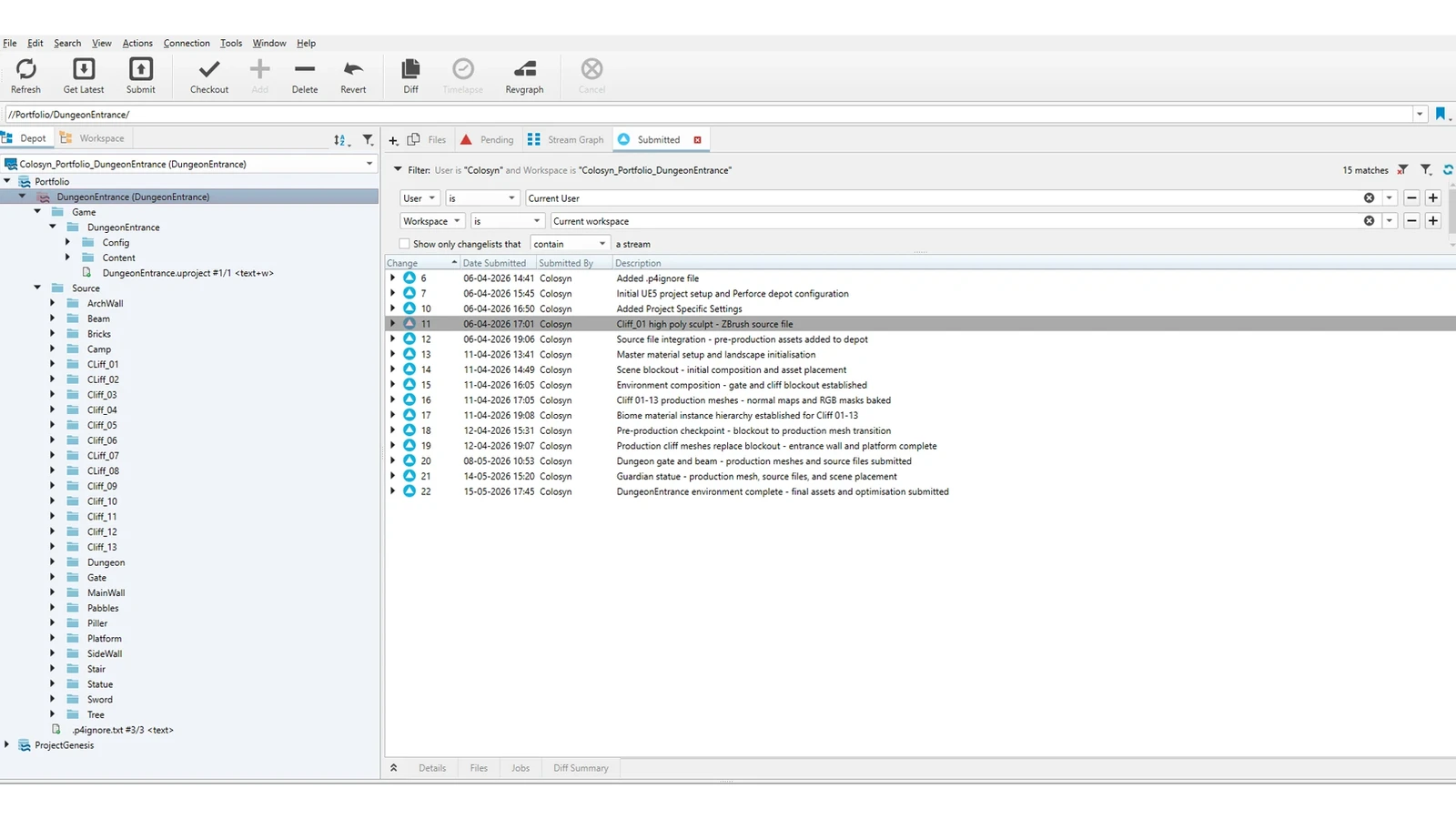 Maintained a professional Perforce (P4V) version control workflow with a structured changelist history, strict naming conventions, and disciplined submission logs throughout the environment's lifecycle.
