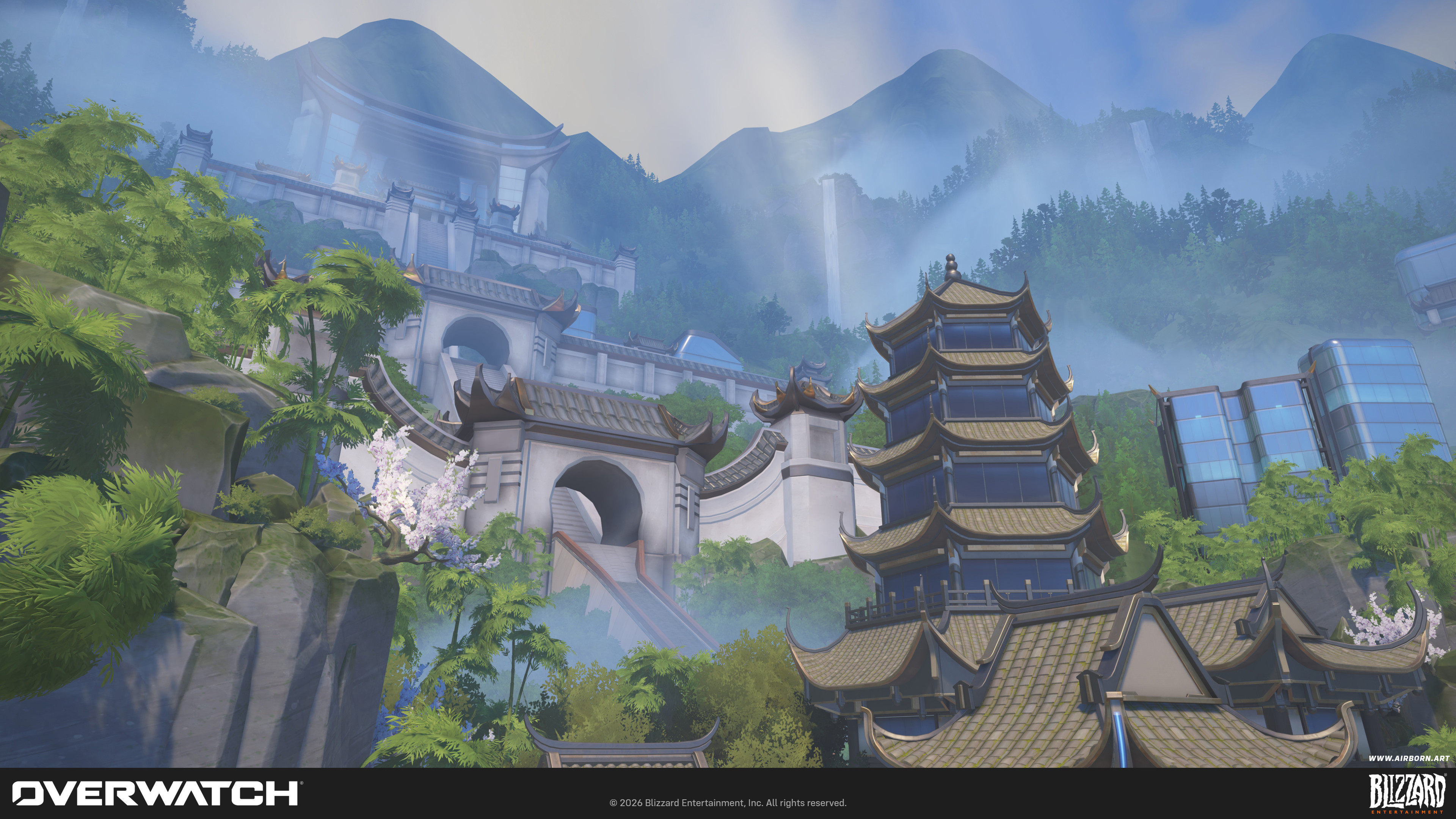 Mountain side, I was responsible for creating the distant forests and waterfalls and overall composition for this side of the backdrop. Buildings were done by David Fraaß.
