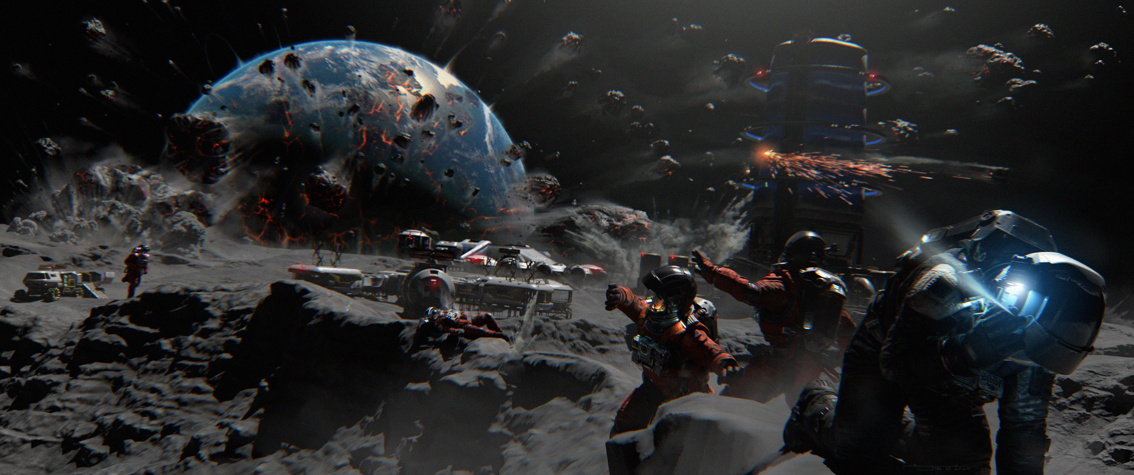 The Earth falls apart and the fall out begins to destroy the Moon.