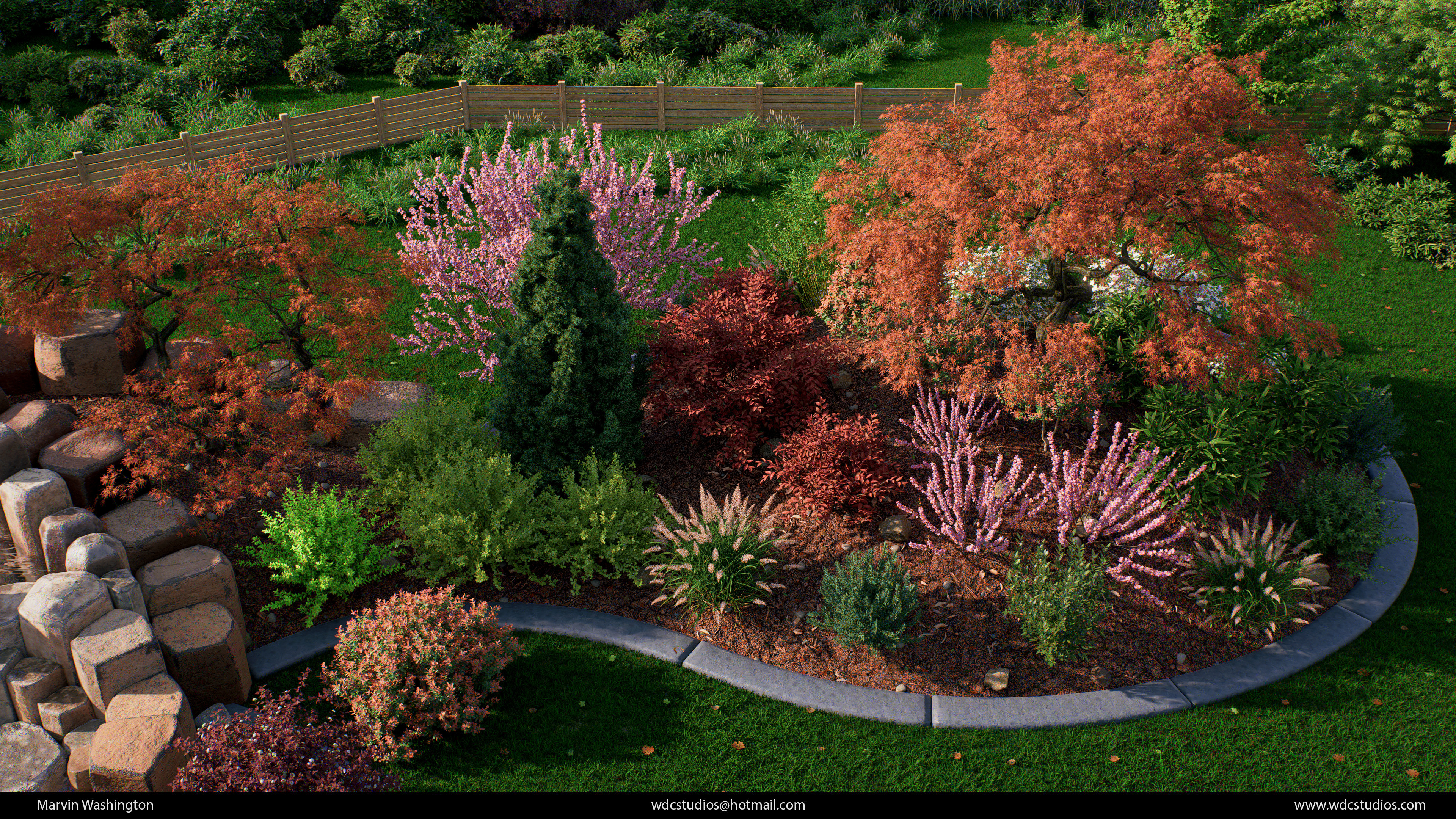 Close up render of the garden.