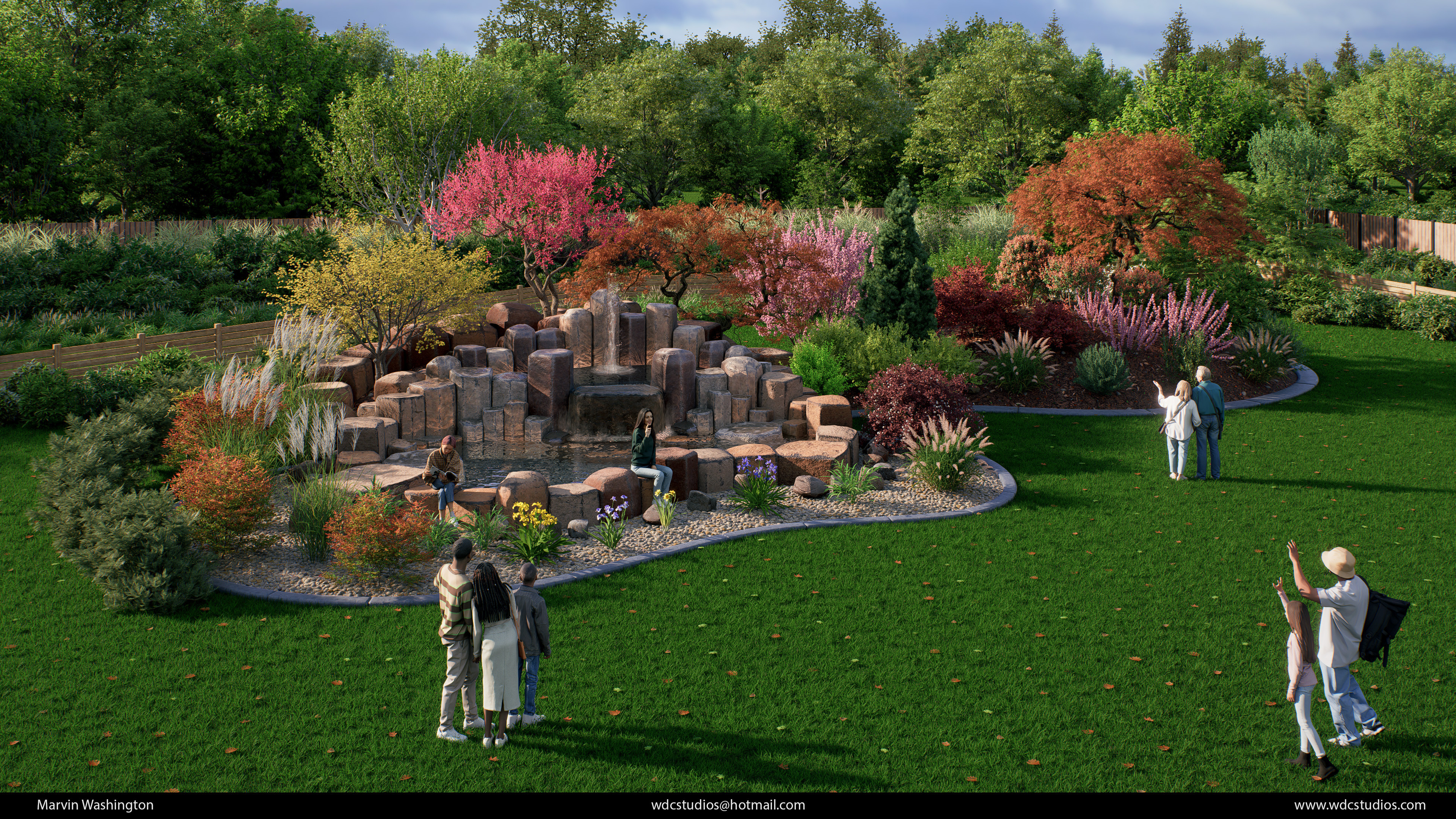 Render of the fountain and garden.