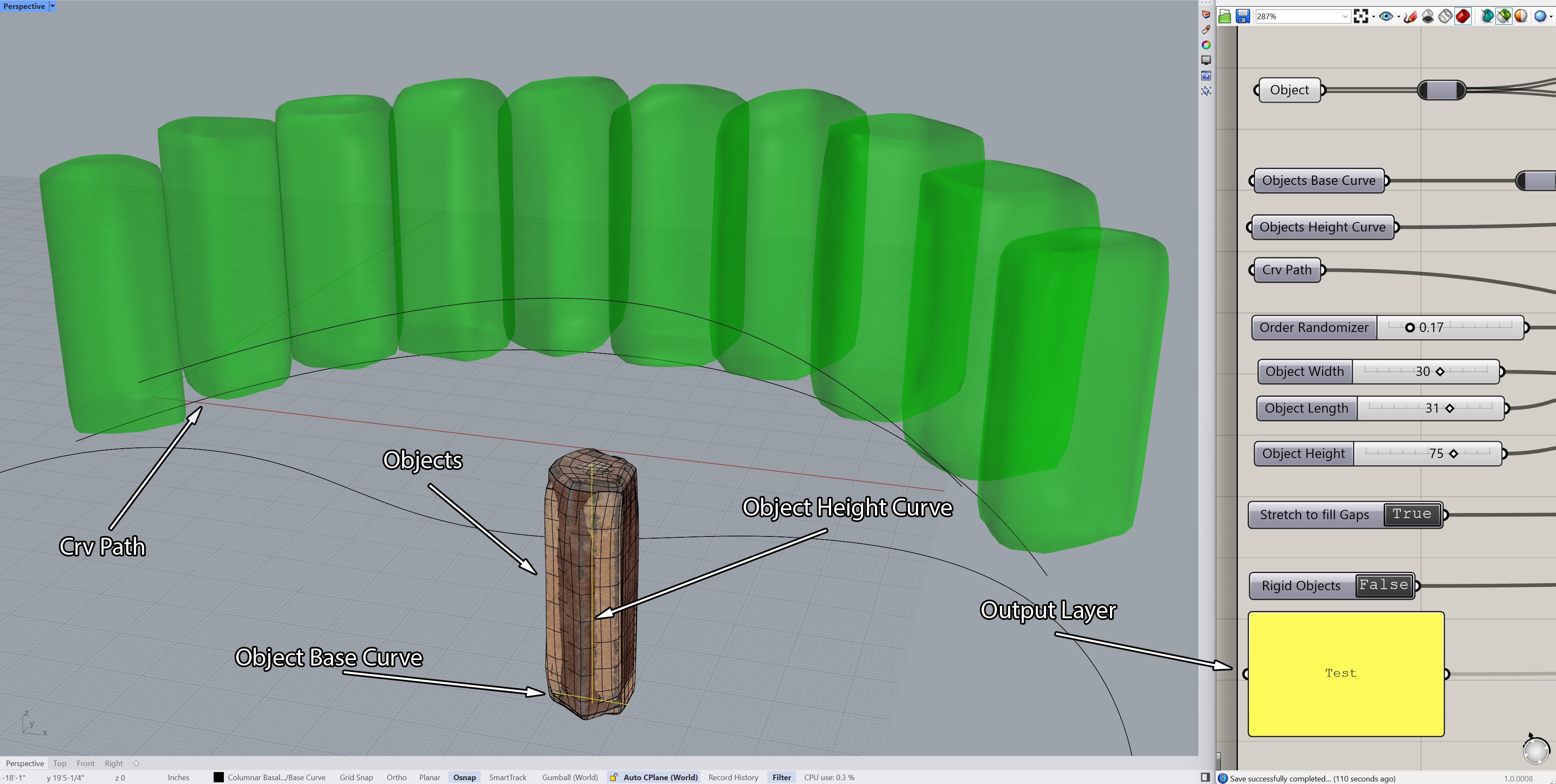 Controls for the grasshopper script used to place the boulders along curves to construct the fountain.