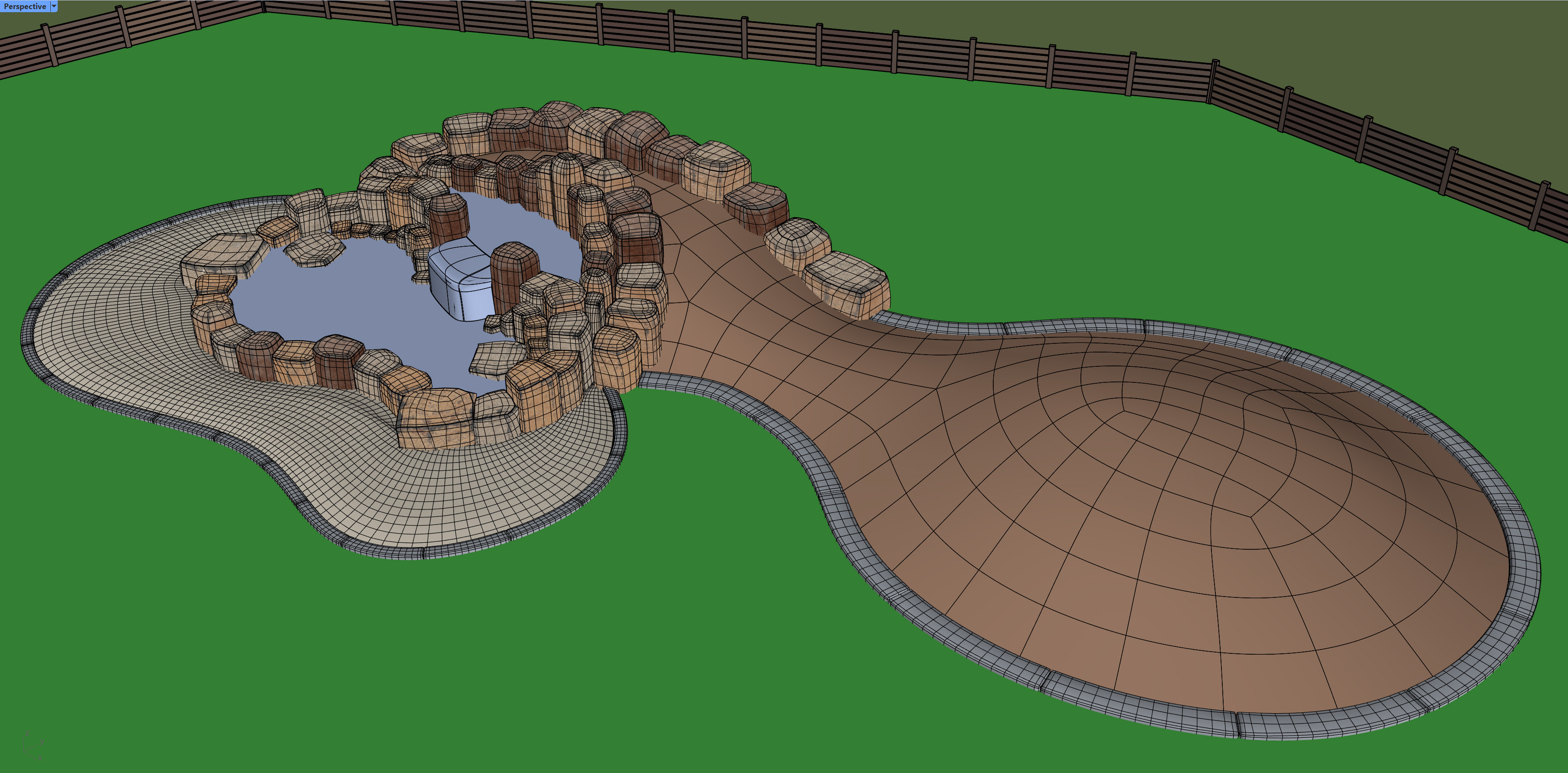 Rhino screenshot of the finished fountain and garden area.