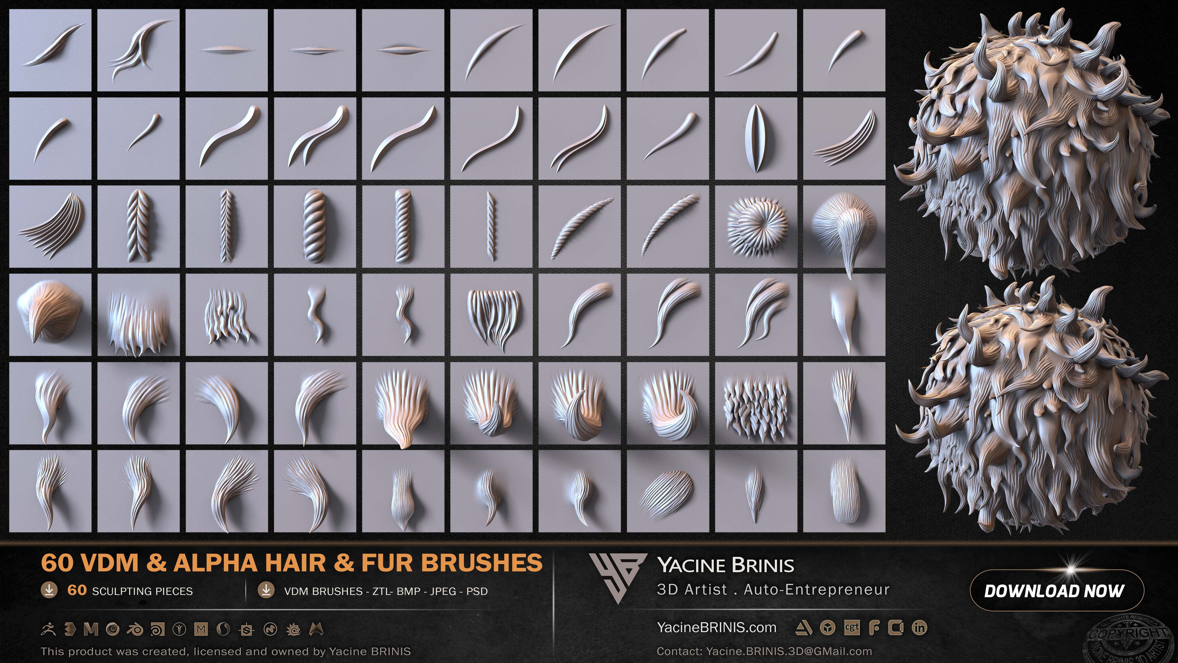 60 VDM and Alpha Texture Hair and Fur Brushes Volume 01 Set 002