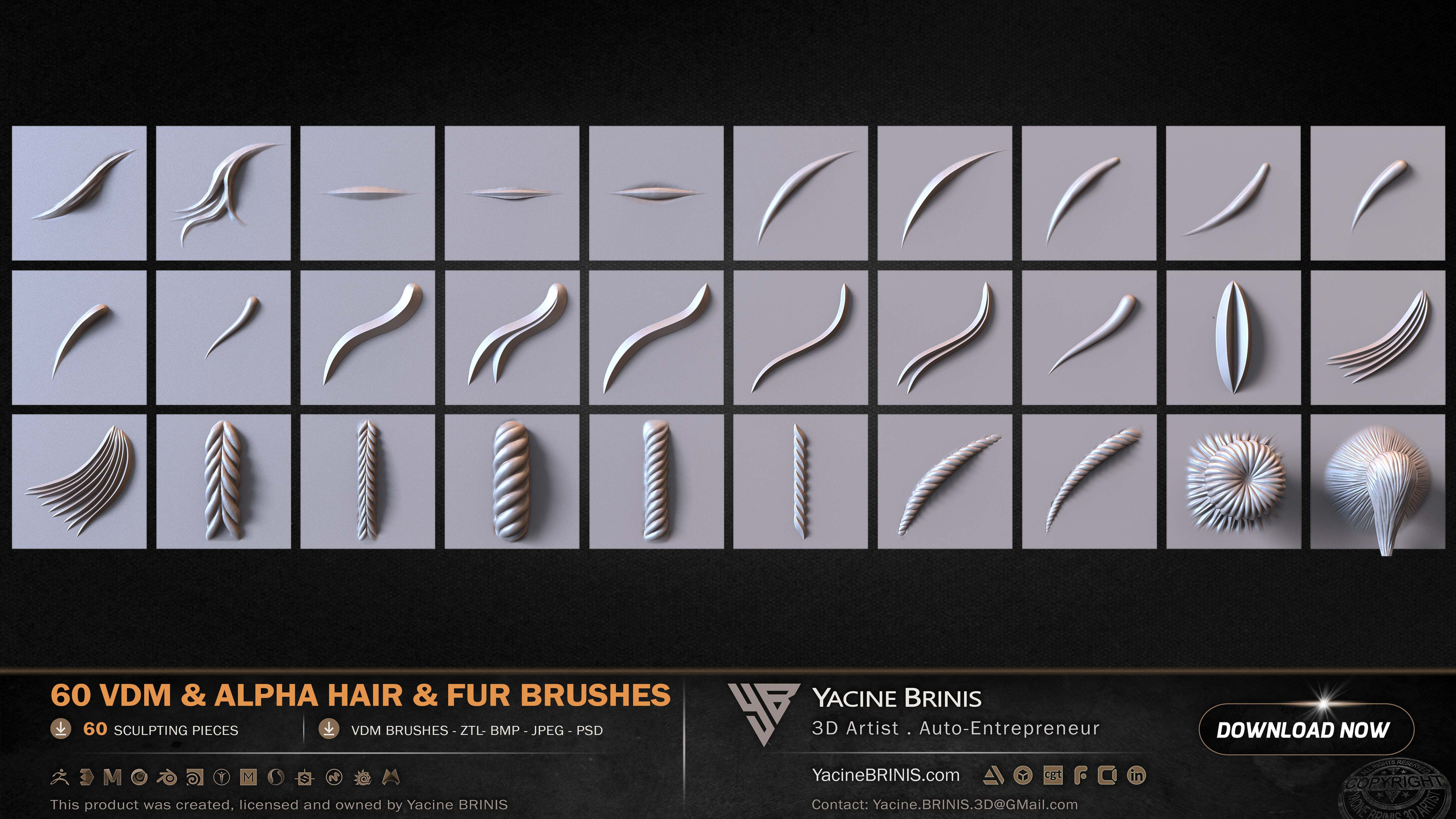 60 VDM and Alpha Texture Hair and Fur Brushes Volume 01 Set 003
