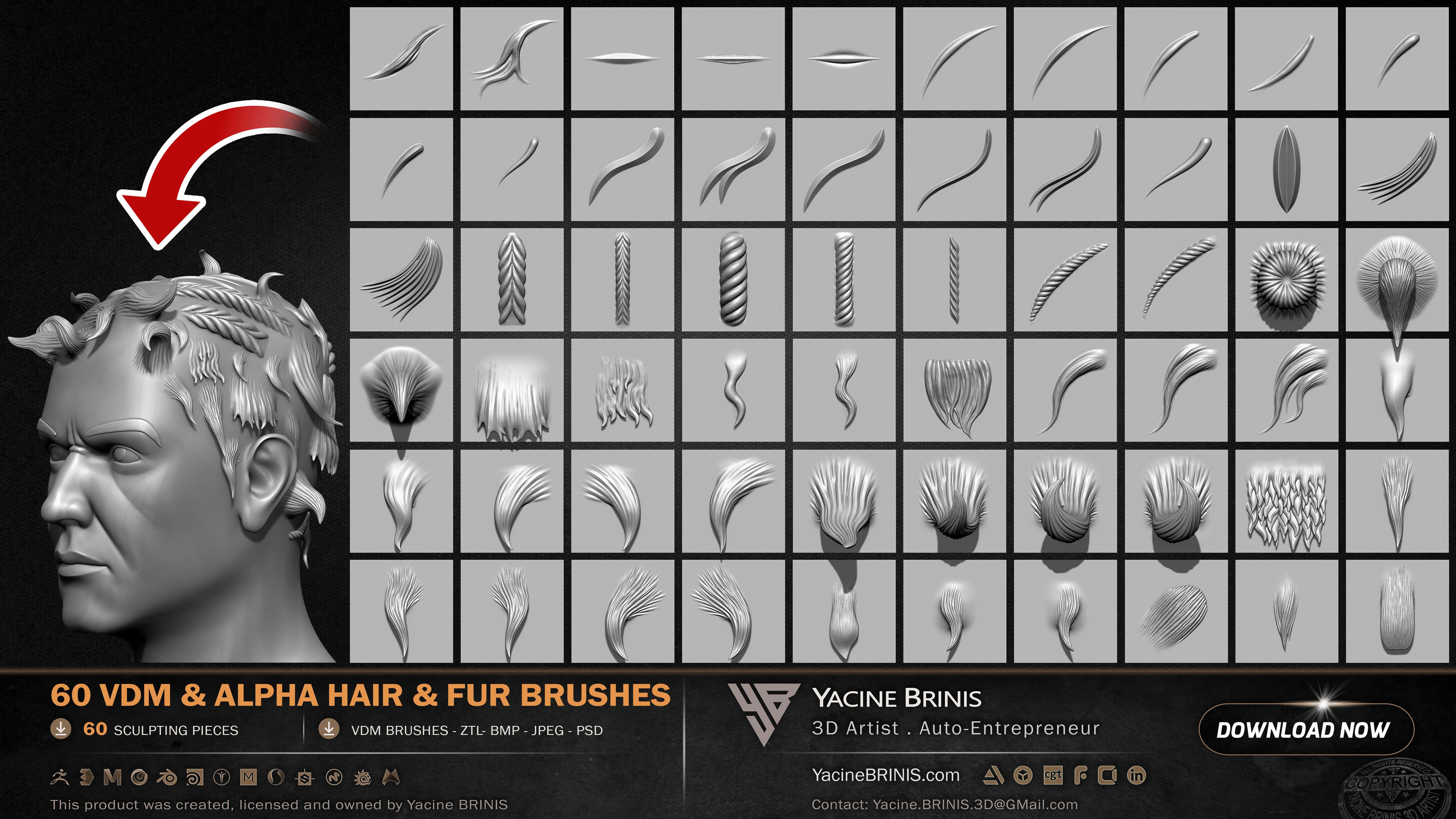 60 VDM and Alpha Texture Hair and Fur Brushes Volume 01 Set 005
