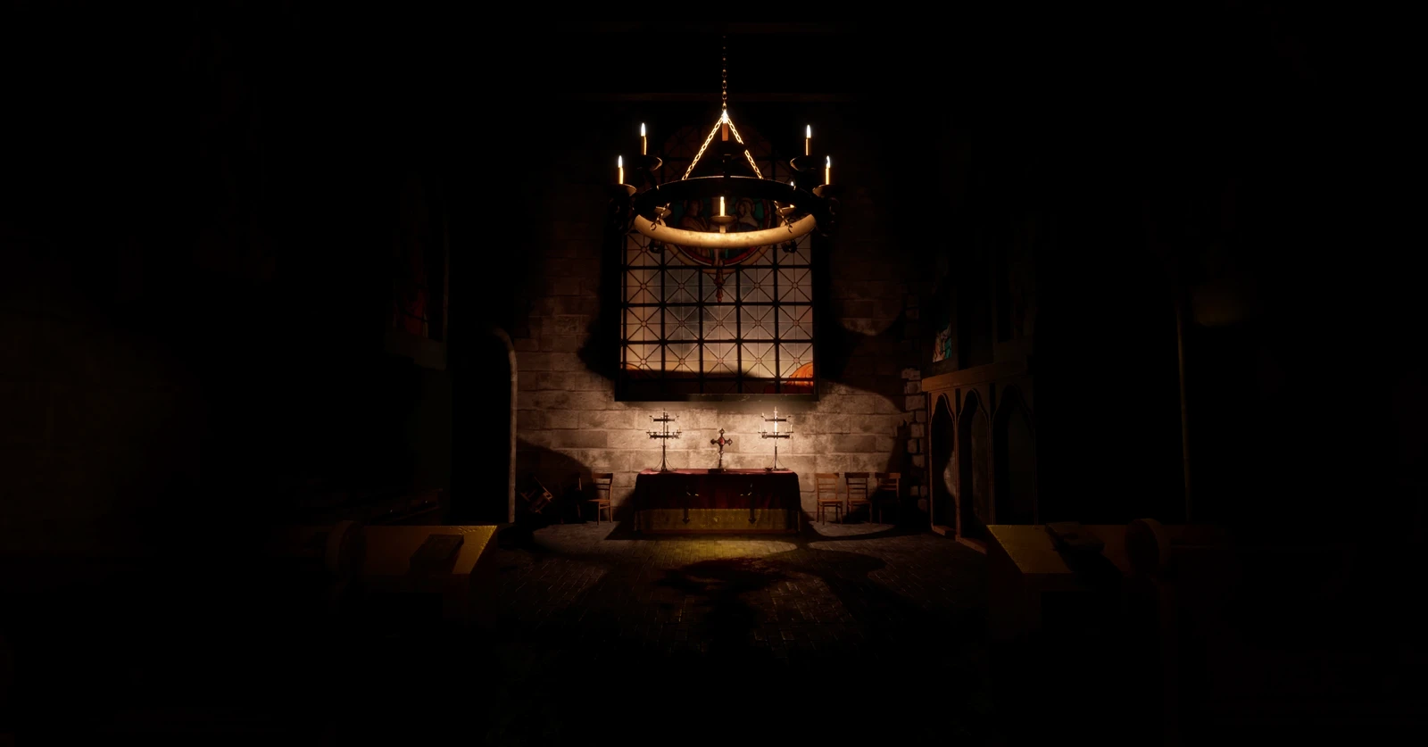 Focal point lighting test inside the main hall to guide player direction.
