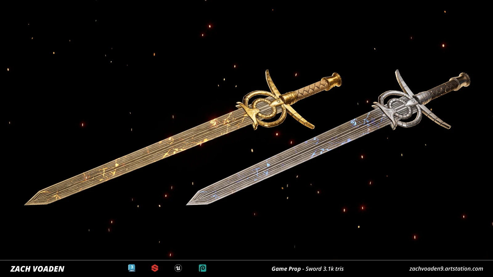 Sword asset preview - Unreal Material  Gold and Silver. Instances configurations.