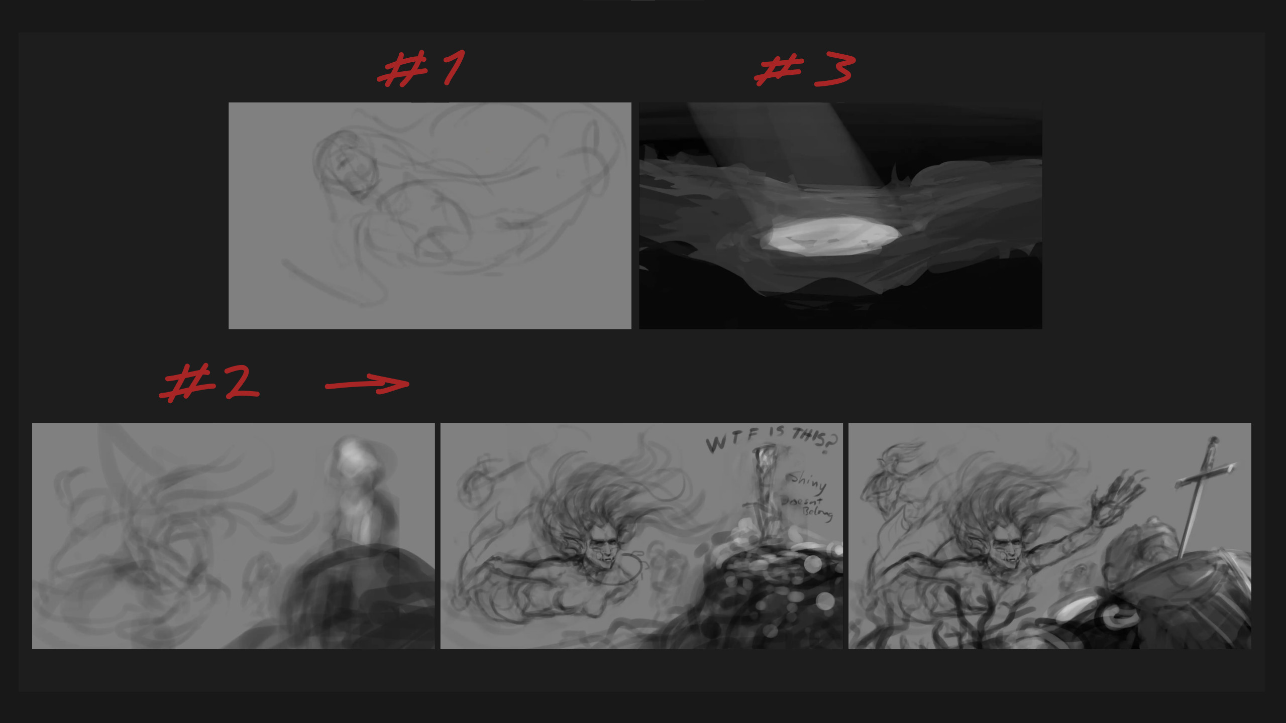 Sketching process. Explored a few ideas and eventually went back with n. 2 and keep working on it.