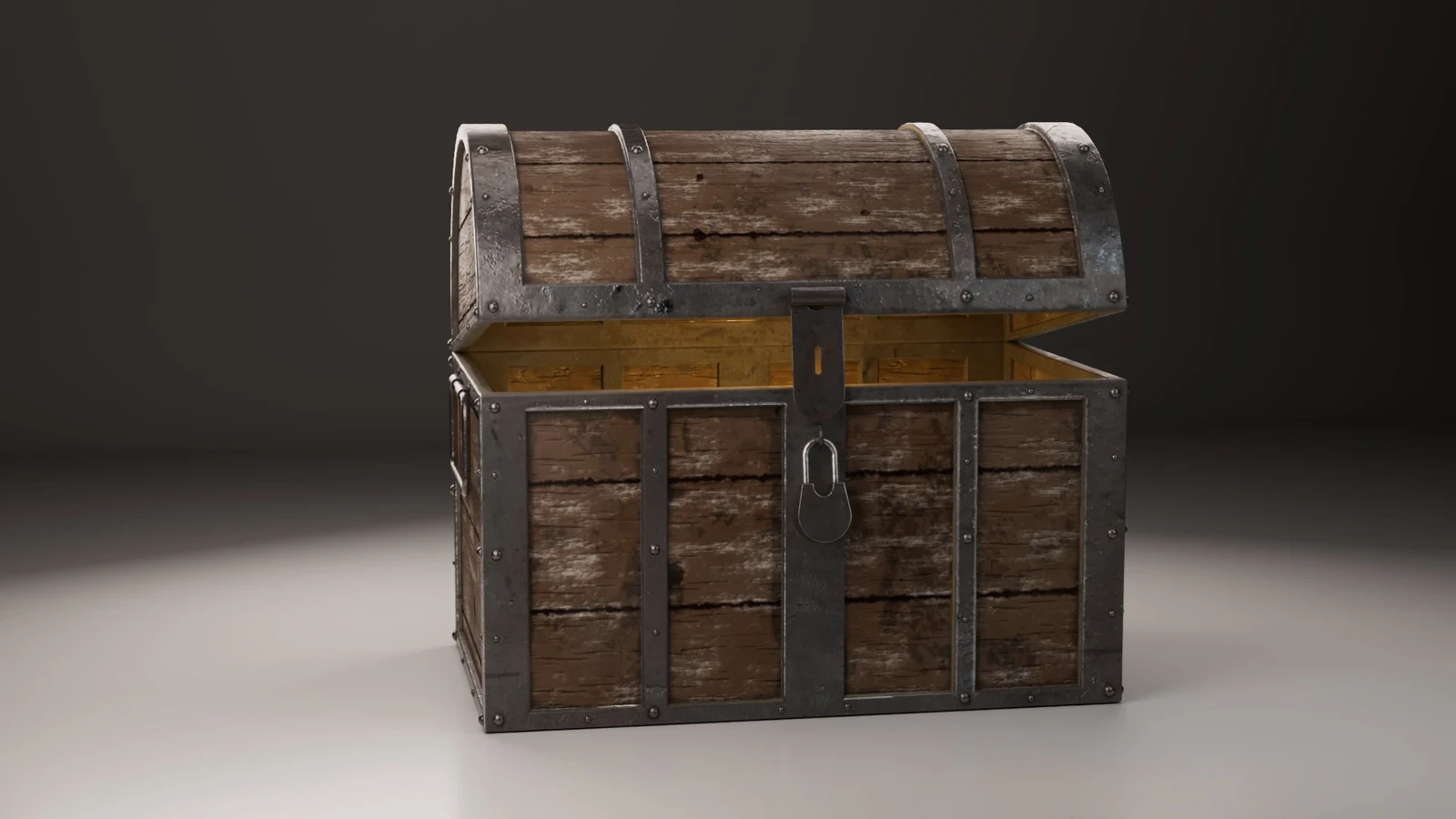 Half-open Treasure Chest — 3/4 View | Rendered in Maya