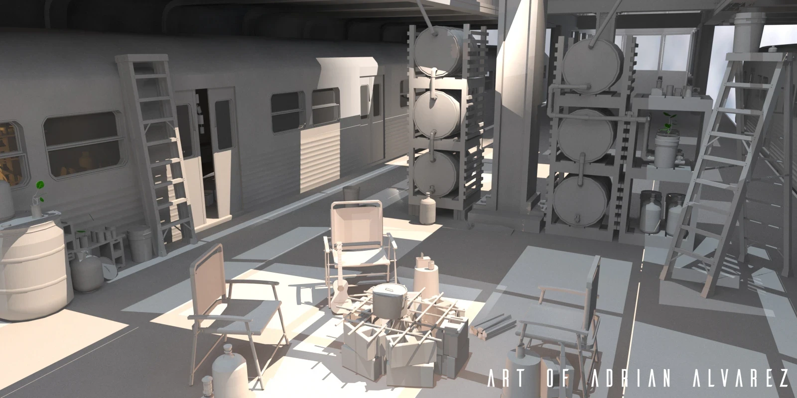 This is also the moment I felt inlove with reusing assets withing scenes. Not only is good at a technical level ( less assets = better performances in video games) but it also helps to creates a cohesive shape language that brings the scene together. 