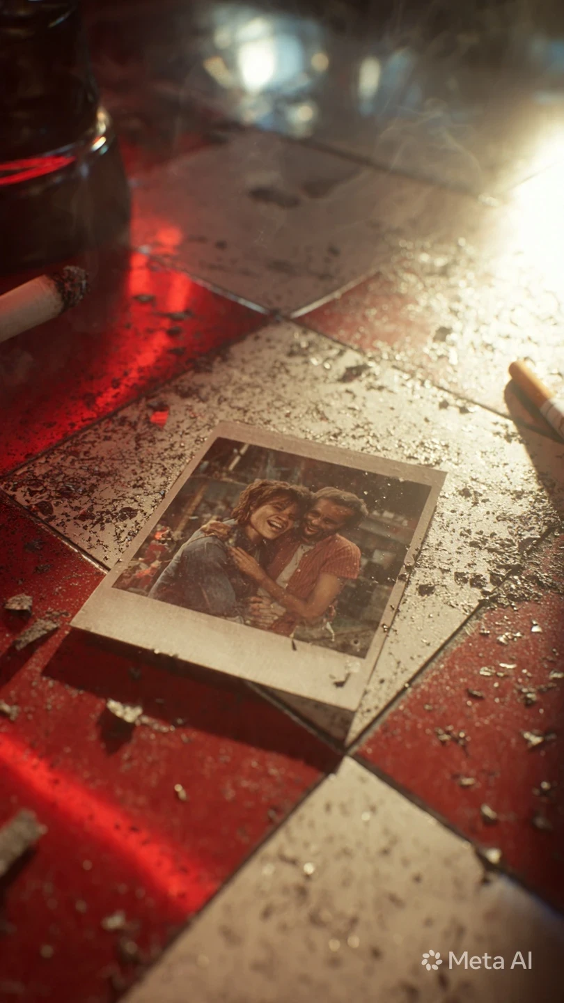 A lit cigarette tumbles into frame from above, glowing orange ember visible, then lands near the exact middle of the polaroid. The cigarette slowly darkens, ember fading as it smolders against the paper, then the polaroid begins to burn from the middle ou