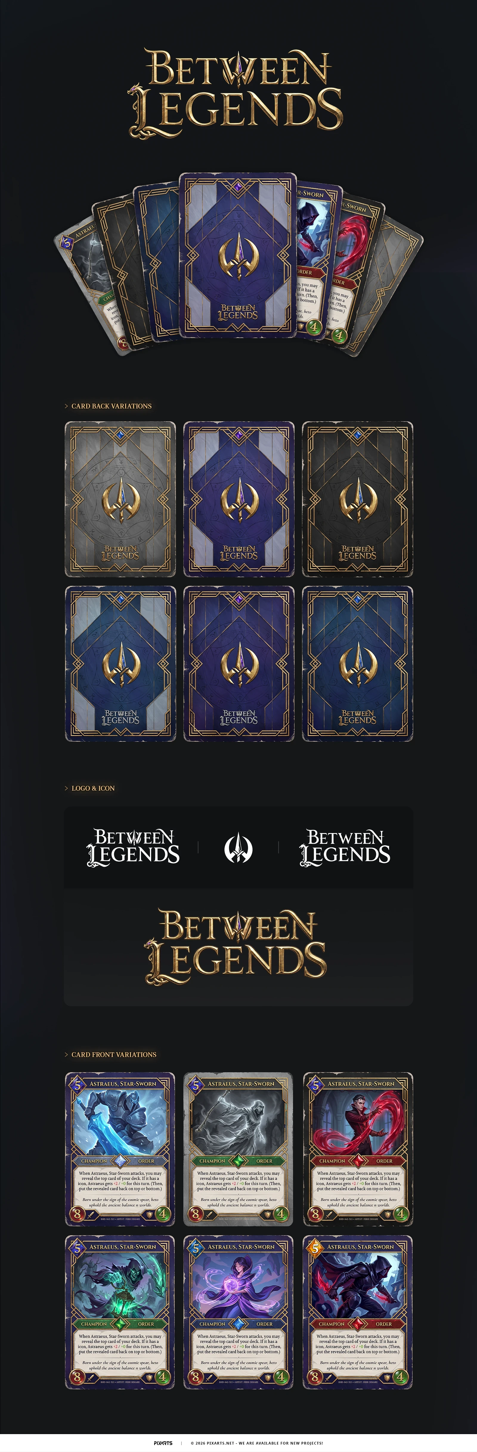 Between Legends TCG full card game design presentation featuring card backs, card fronts, logo system and element color variations