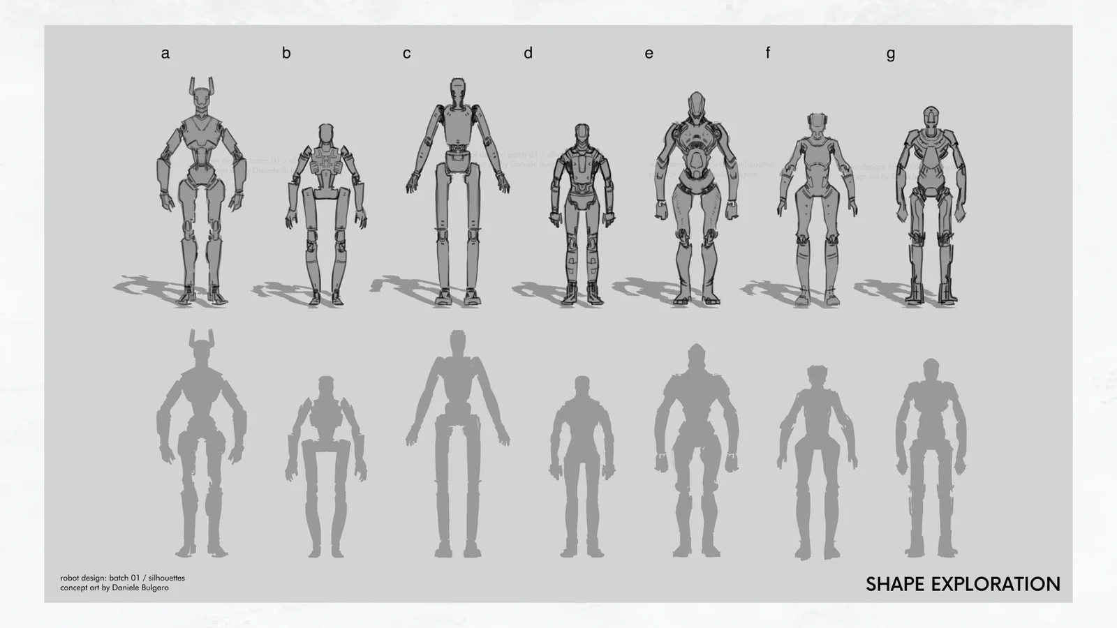 The focus on the initial phases was defining a base silhouette for both protagonists and foes.
After all they're meant to come from the same factory.