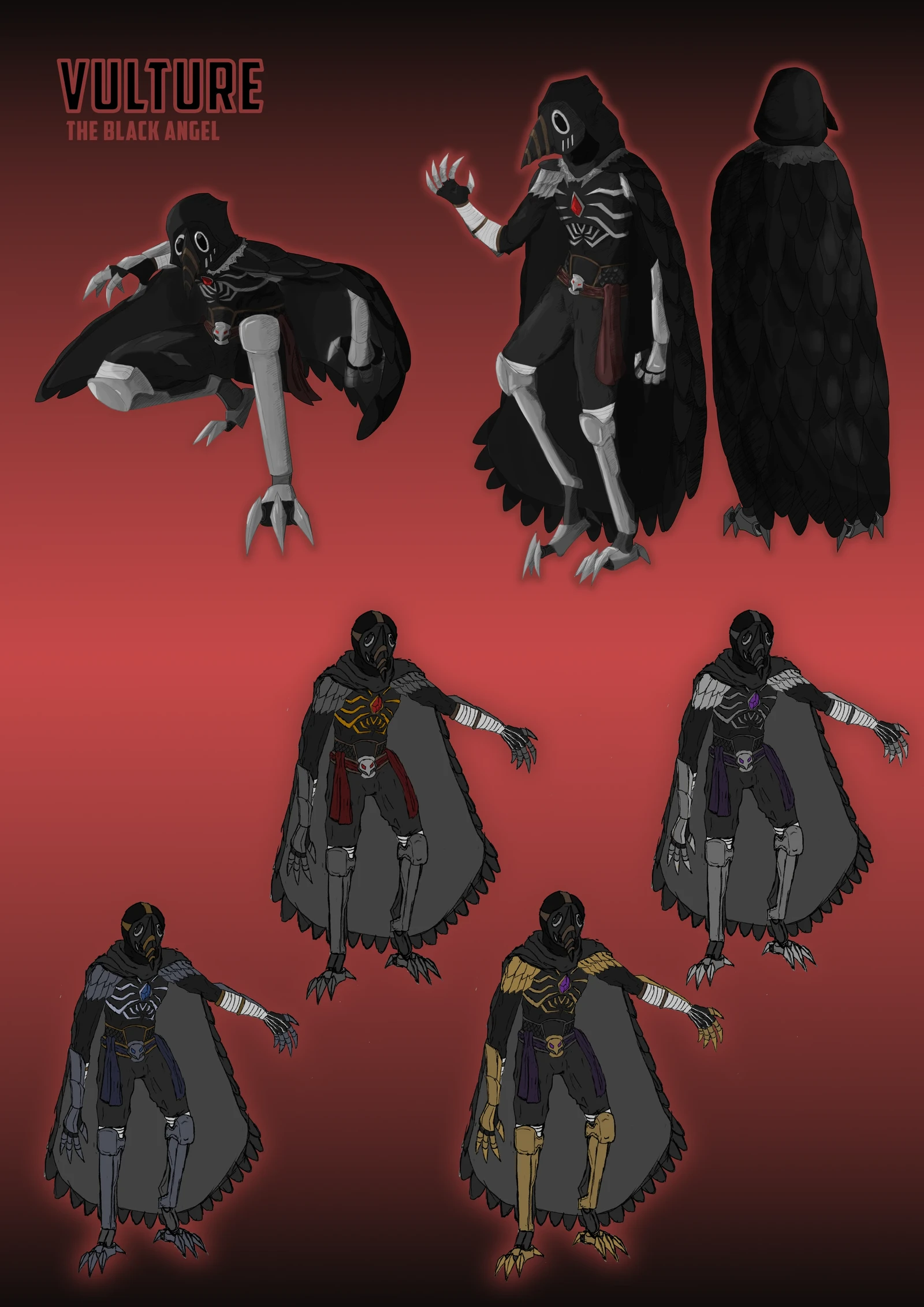 Vulture development sheet, including some colour variations. The silver metal was the best choice for him. The darker metals make his outfit too monochromatic, with very little distinction between parts of his whole attire. 